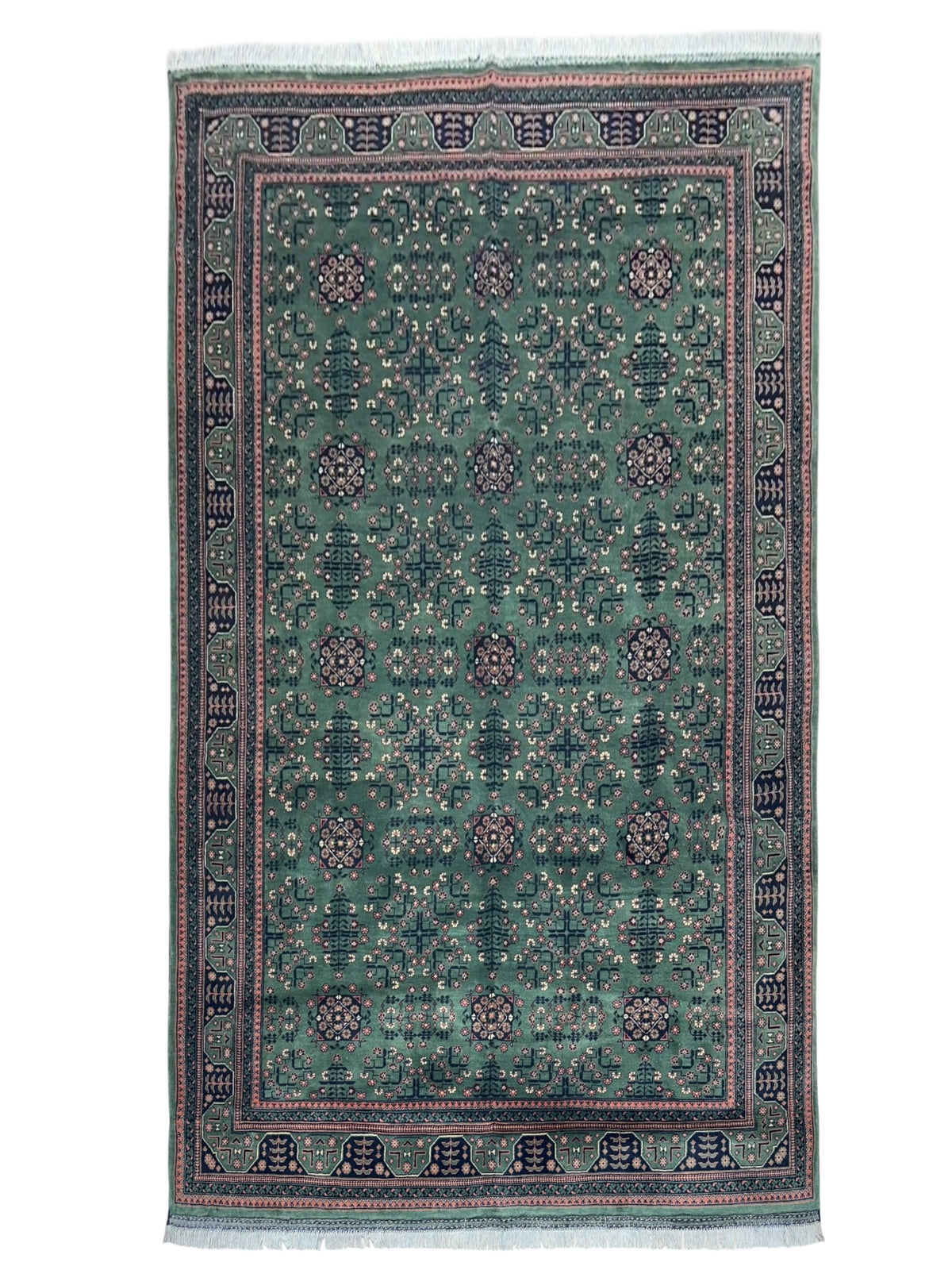 Afghan Turkmen Rug 7x10, Green, Navy & Rust, Hand-Knotted Wool