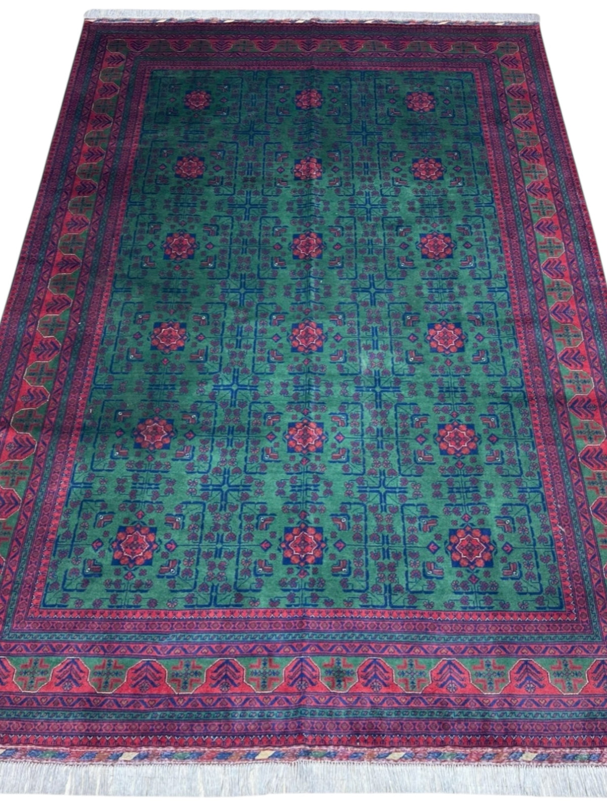 Afghan Turkmen Rug 7x10, Green, Burgundy & Red, Hand-Knotted Wool, view 2