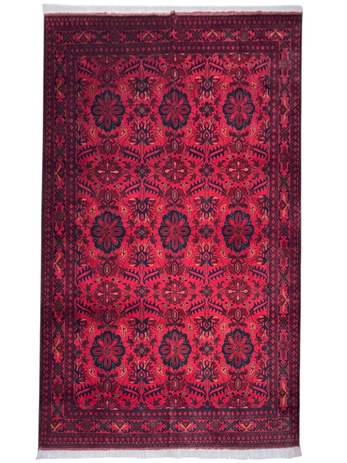 Afghan Tribal Rug 7x10, Red, Navy & Burgundy, Hand-Knotted Wool