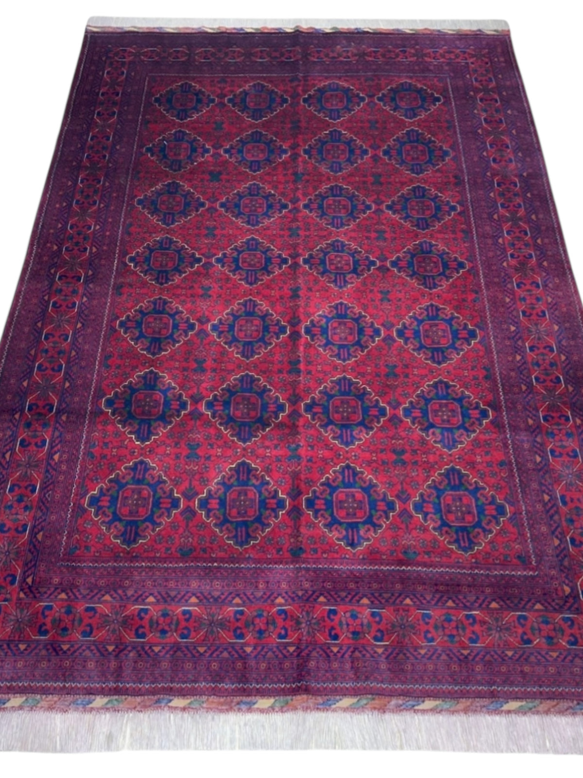 Afghan Khamyab Rug 6'8" x 9'11", Hand-Knotted Wool, Red & Blue, view 2