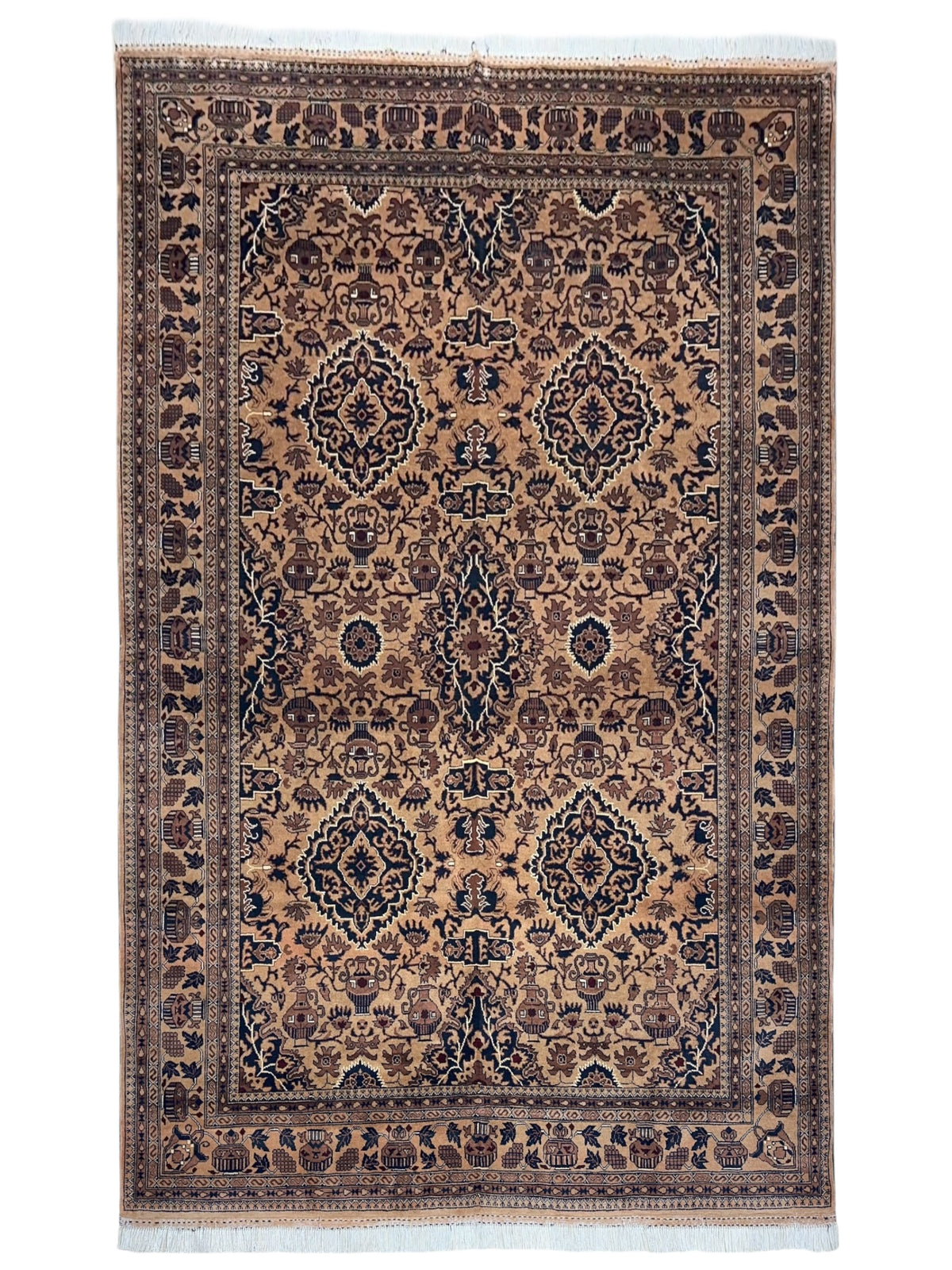 Afghan Rug 7x9, Beige, Navy & Brown, Hand-Knotted Wool