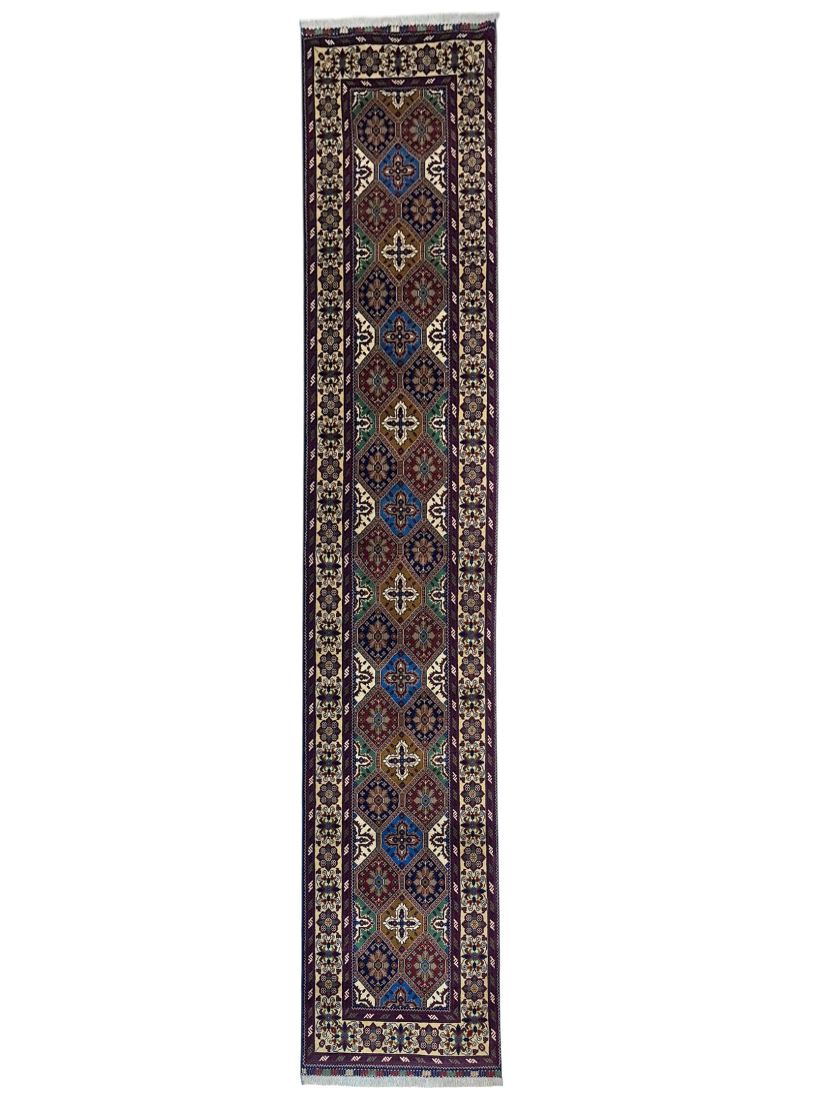 Afghan Kashi Runner 2'10" x 6'6", Hand-Knotted Wool, Cream & Blue, view 2