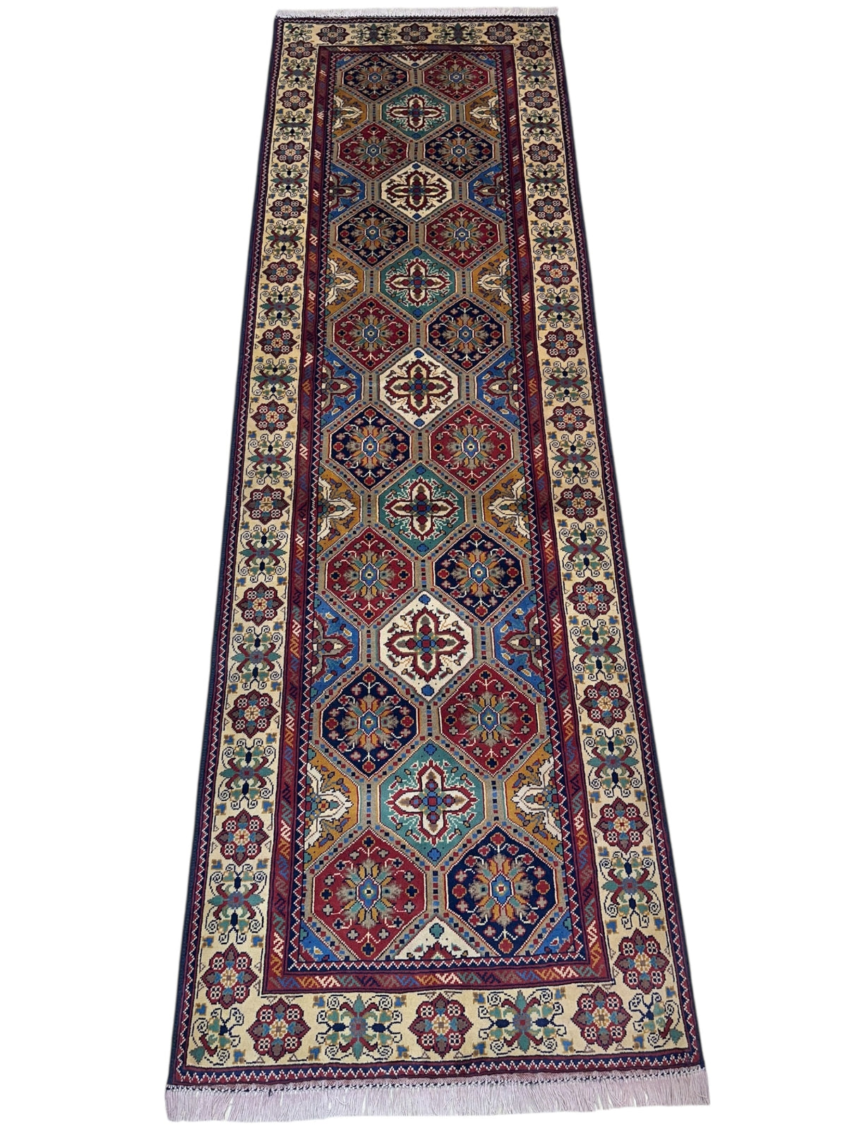 Afghan Kashi Runner 3' x 9'7", Hand-Knotted Wool, Cream, Red & Blue, view 2