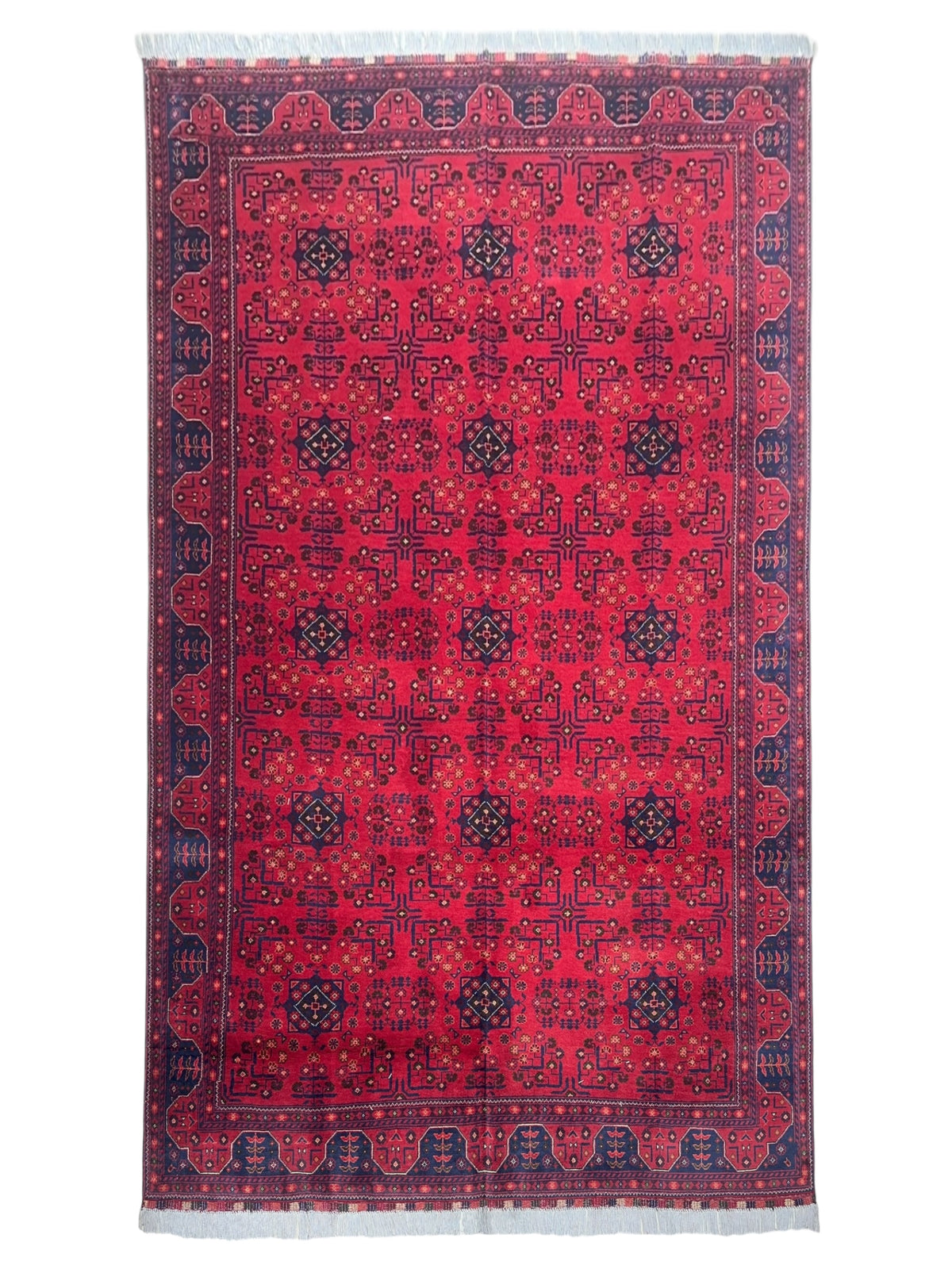 Afghan Turkmen Stars Rug 7x10, Red, Navy & Burgundy, Hand-Knotted Wool
