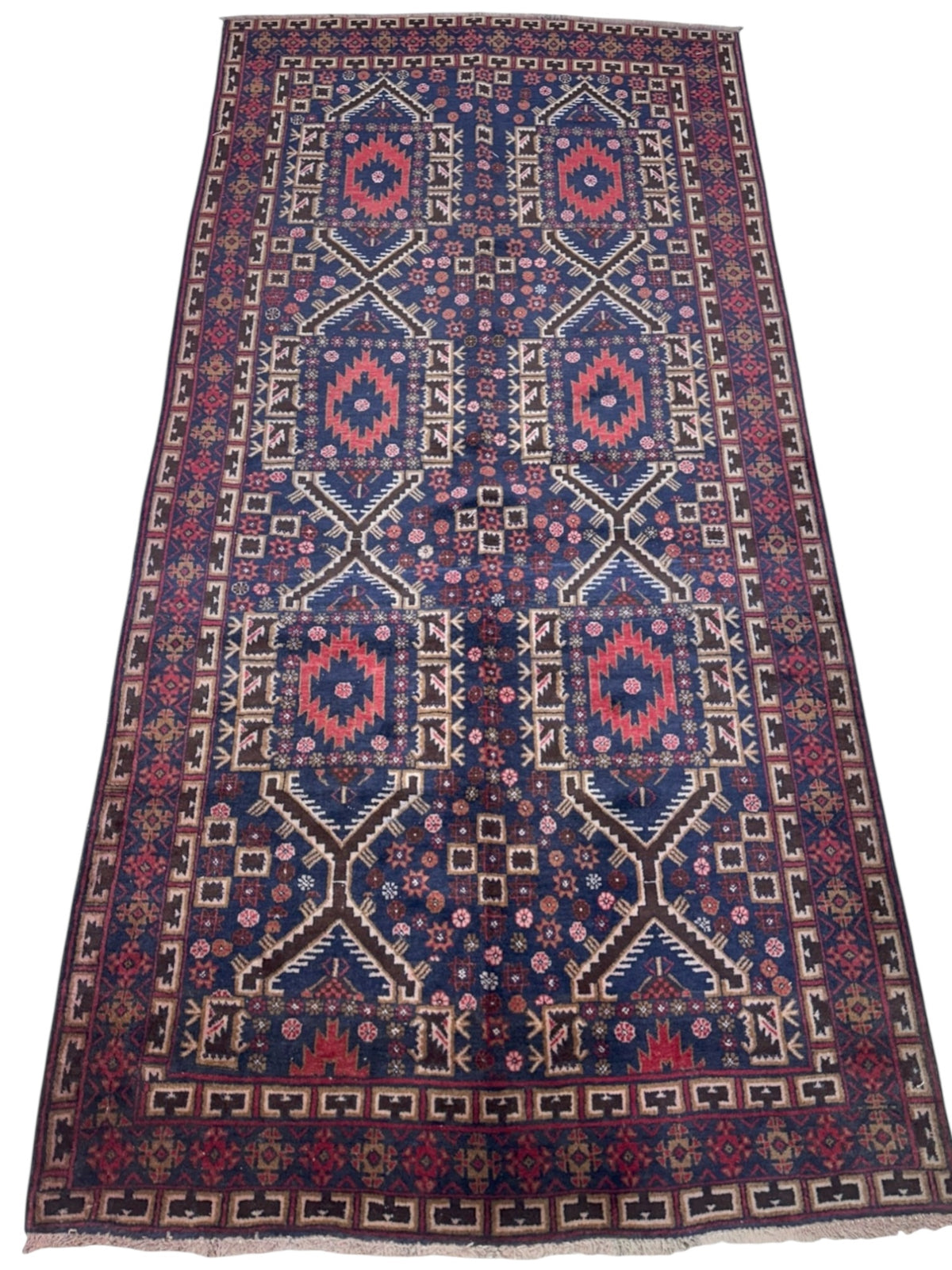 Afghan Patnos Rug 4'9" x 9'8", Hand-Knotted Wool, Red, Blue & Cream, view 2