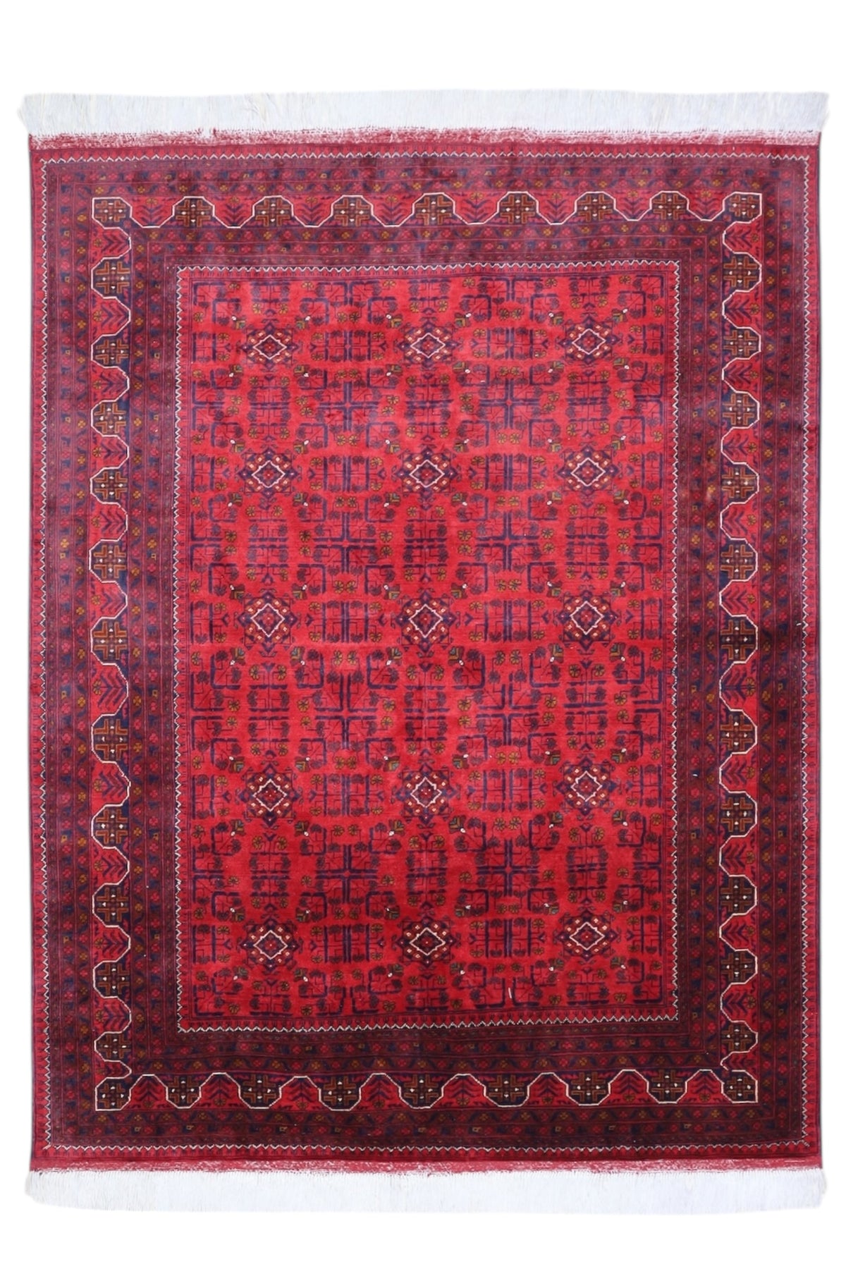 Afghan Turkmen Tribal Rug 6x7, Red, Burgundy & Navy, Hand-Knotted Wool