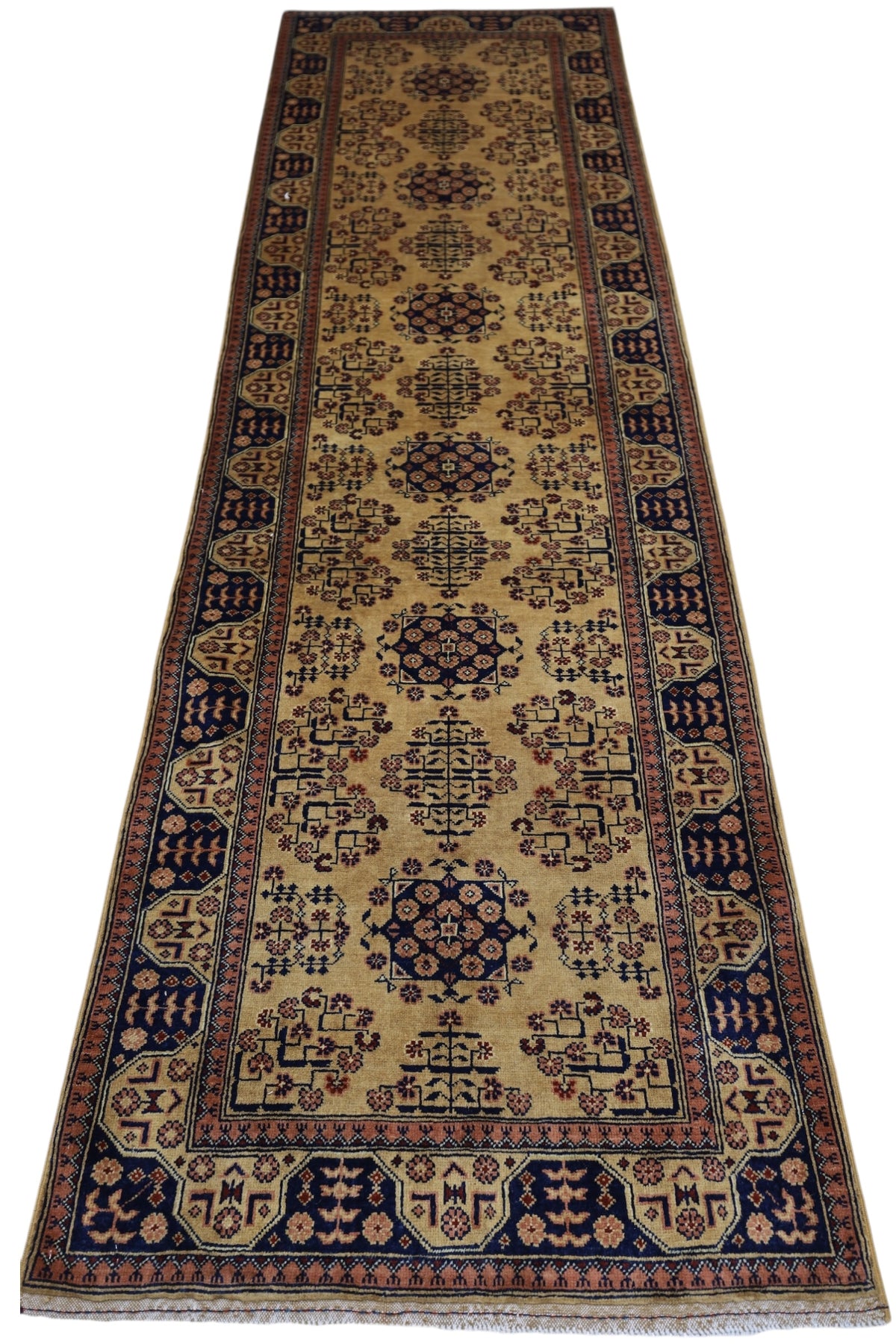 Afghan Bukhara Runner 2'10" x 9'11", Hand-Knotted Wool, Beige, view 2