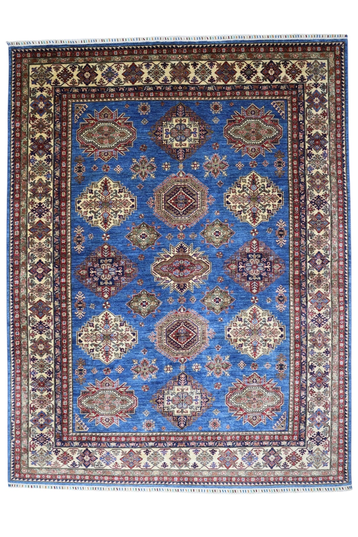 Afghan Kazak Rug 8' x 10'4", Hand-Knotted Wool, Blue, Cream & Red