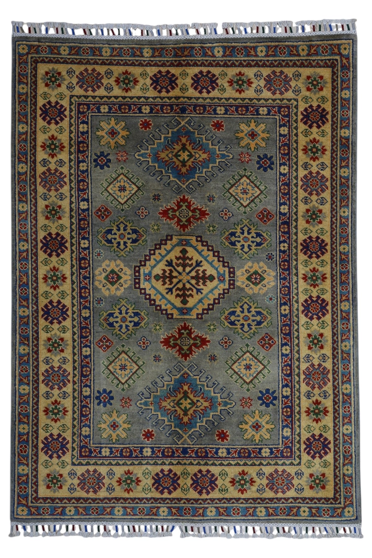 Afghan Kazak Rug 3'11" x 5'6", Hand-Knotted Wool, Beige