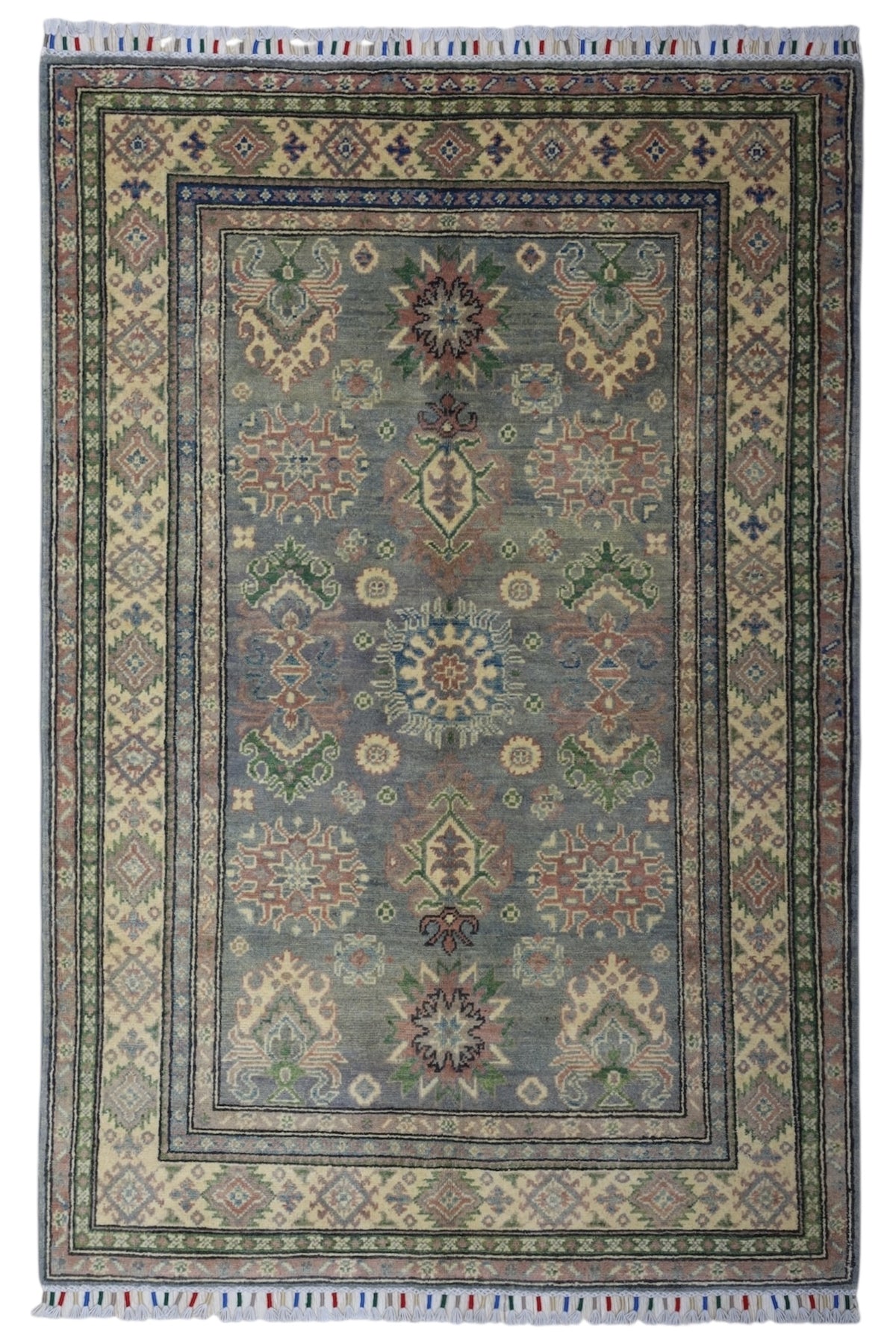 Afghan Kazak Rug 4x6, Gray, Beige & Rust, Hand-Knotted Wool