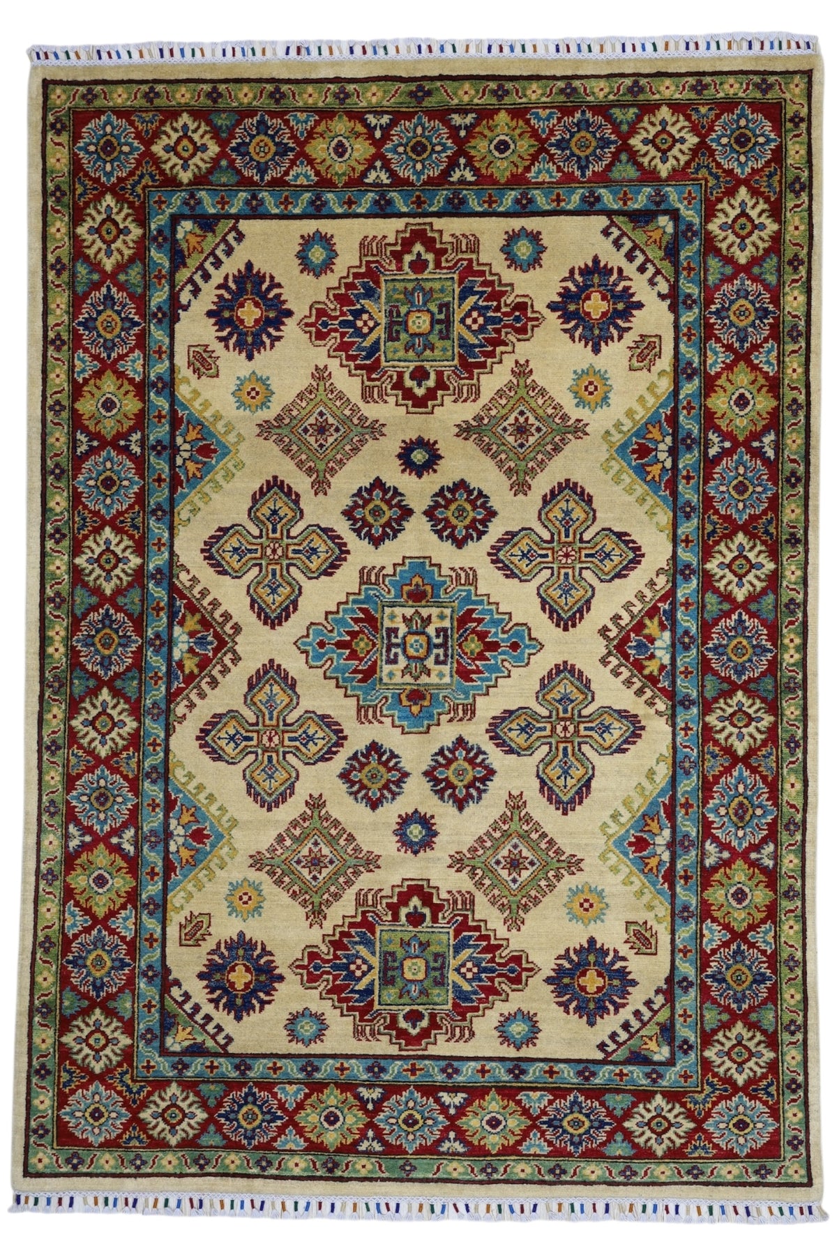 Afghan Kazak Rug 4'10" x 6'11", Hand-Knotted Wool, Cream