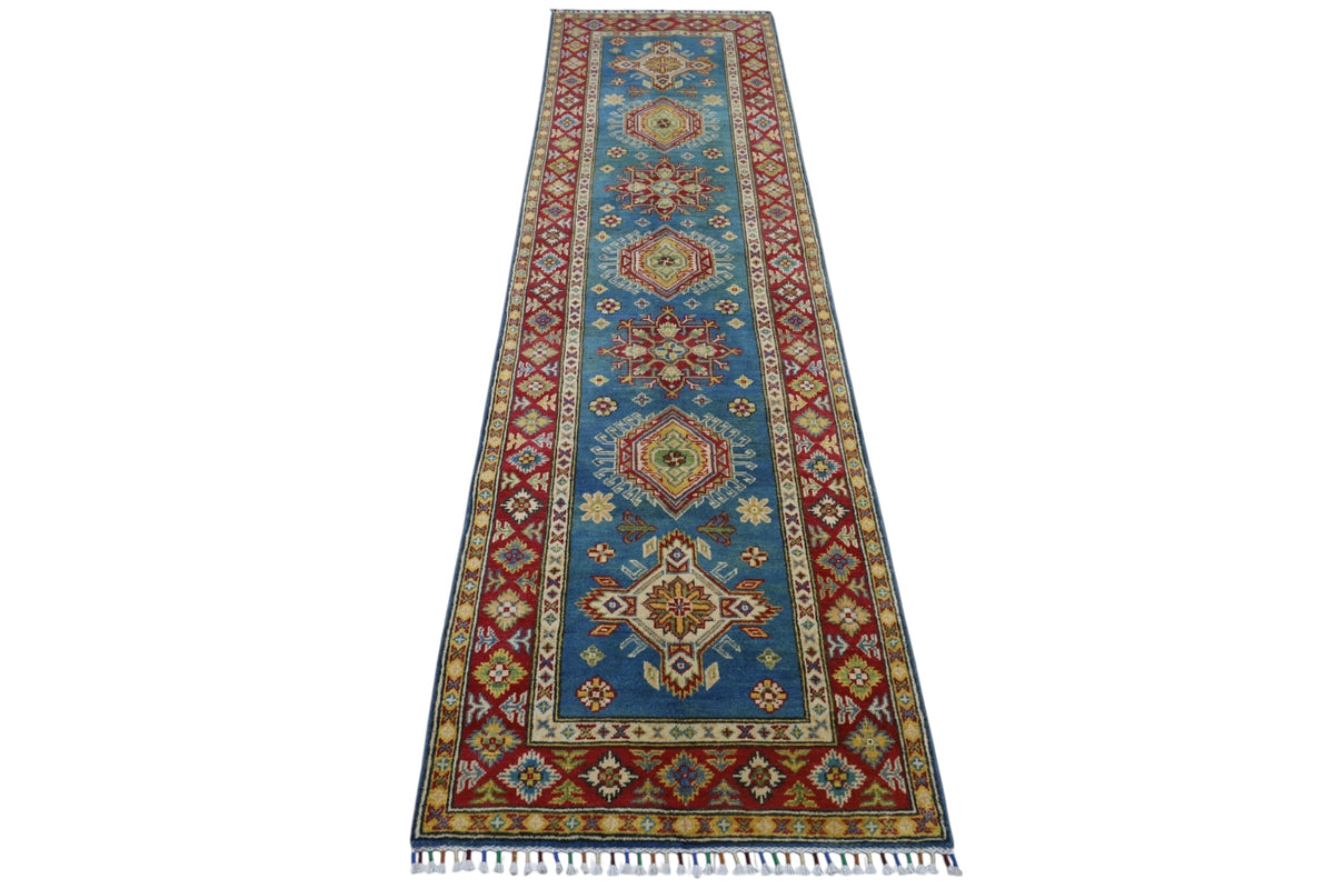Afghan Kazak Runner 2'7" x 9'3", Hand-Knotted Wool, Blue & Red, view 2