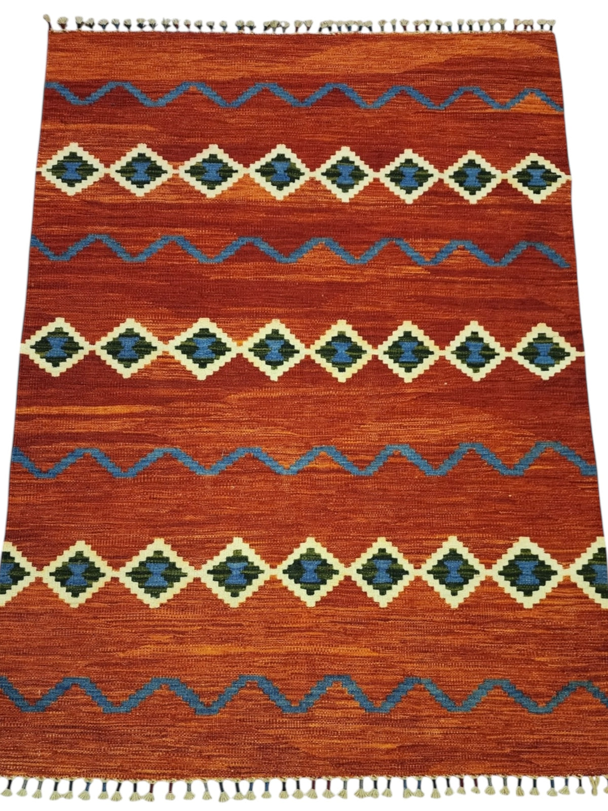 Afghan Kilim Rug 4x6, Rust, Ivory & Blue, Hand-Woven Wool Flatweave, view 2