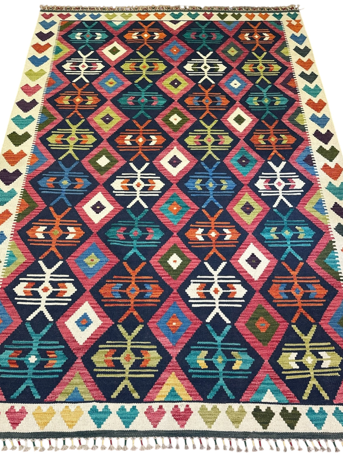 Afghan Kilim Rug 6x8, Navy, Pink & Ivory, Diamond Lattice Wool Flatweave, view 2