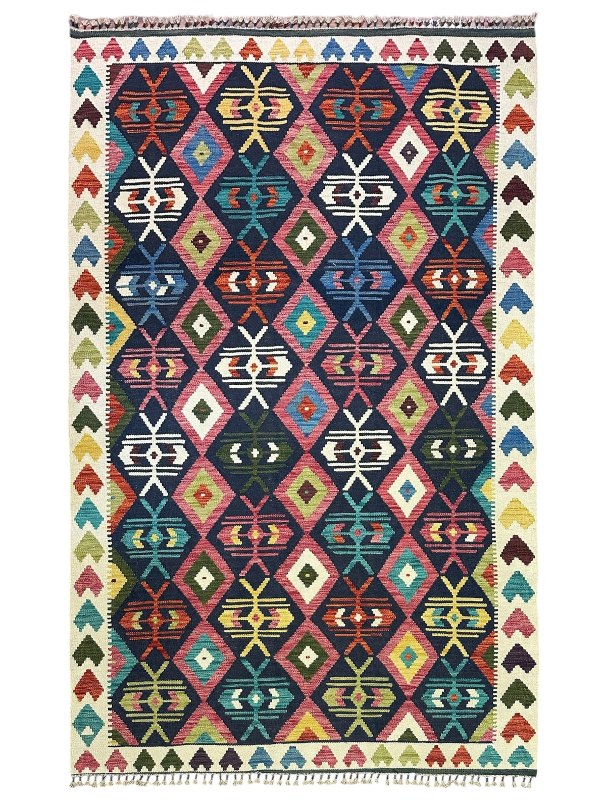 Afghan Kilim Rug 6x8, Navy, Pink & Ivory, Hand-Woven Wool Flatweave