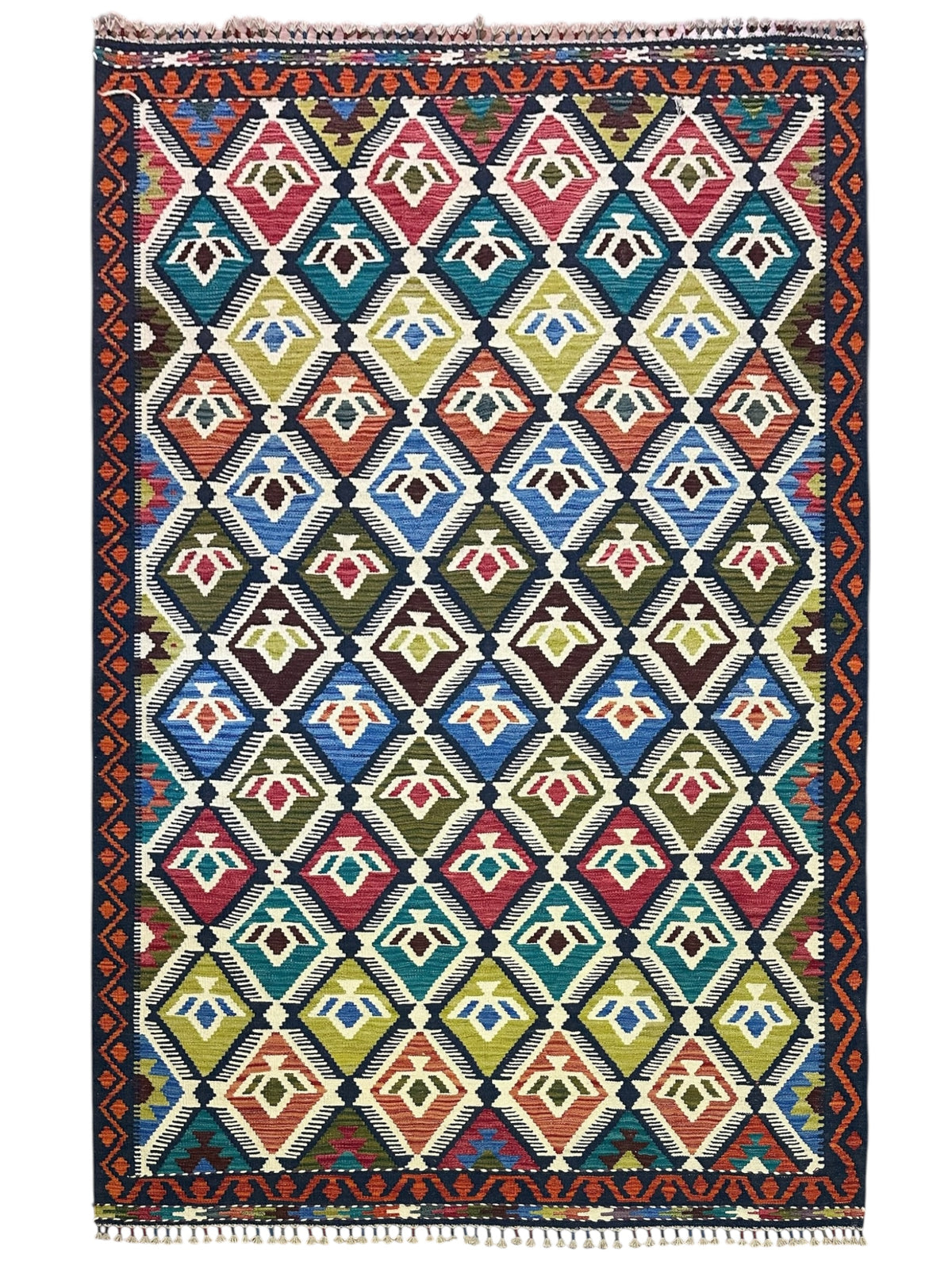 Afghan Kilim Rug 6x8, Navy, Ivory & Blue, Hand-Woven Wool Flatweave