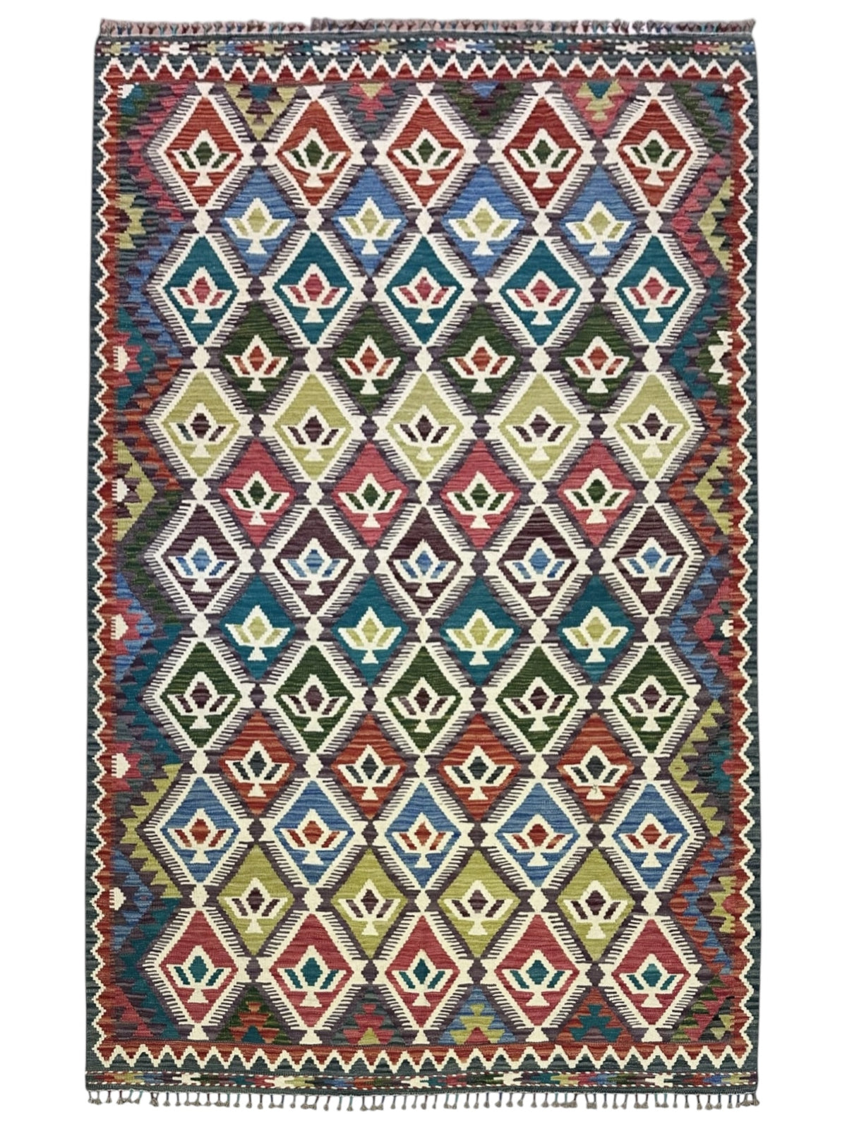 Afghan Kilim Rug 6x8, Pink, Teal & Ivory, Hand-Woven Wool Flatweave