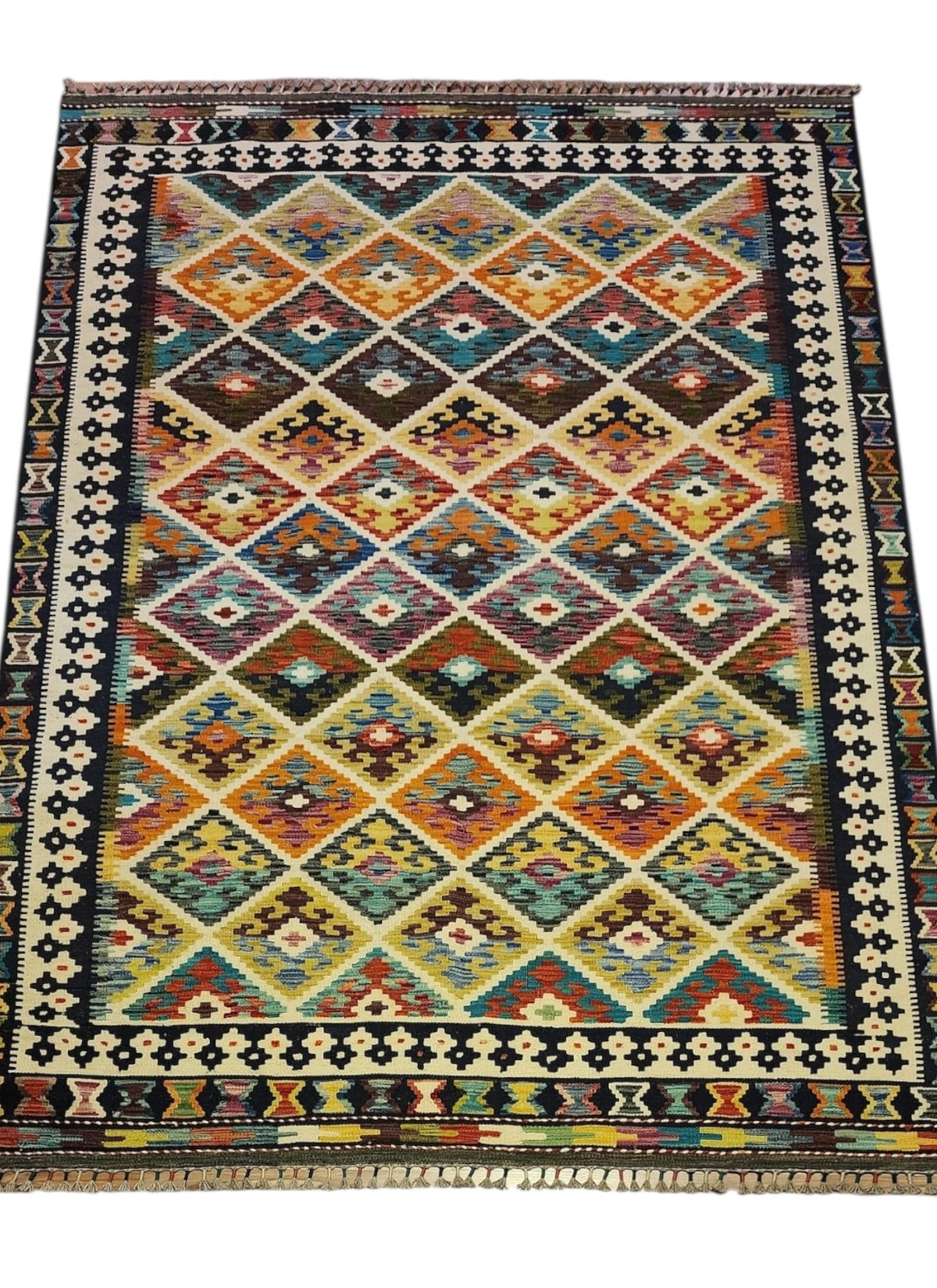 Afghan Kilim Rug 6x8, Beige, Orange & Ivory, Hand-Woven Wool Flatweave, view 2