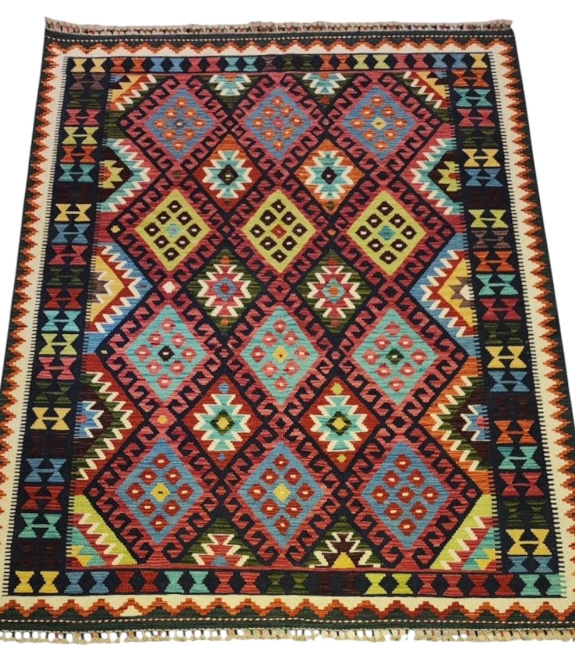 Afghan Kilim Rug 6x8, Black, Rust & Pink, Hand-Woven Wool Flatweave, view 2