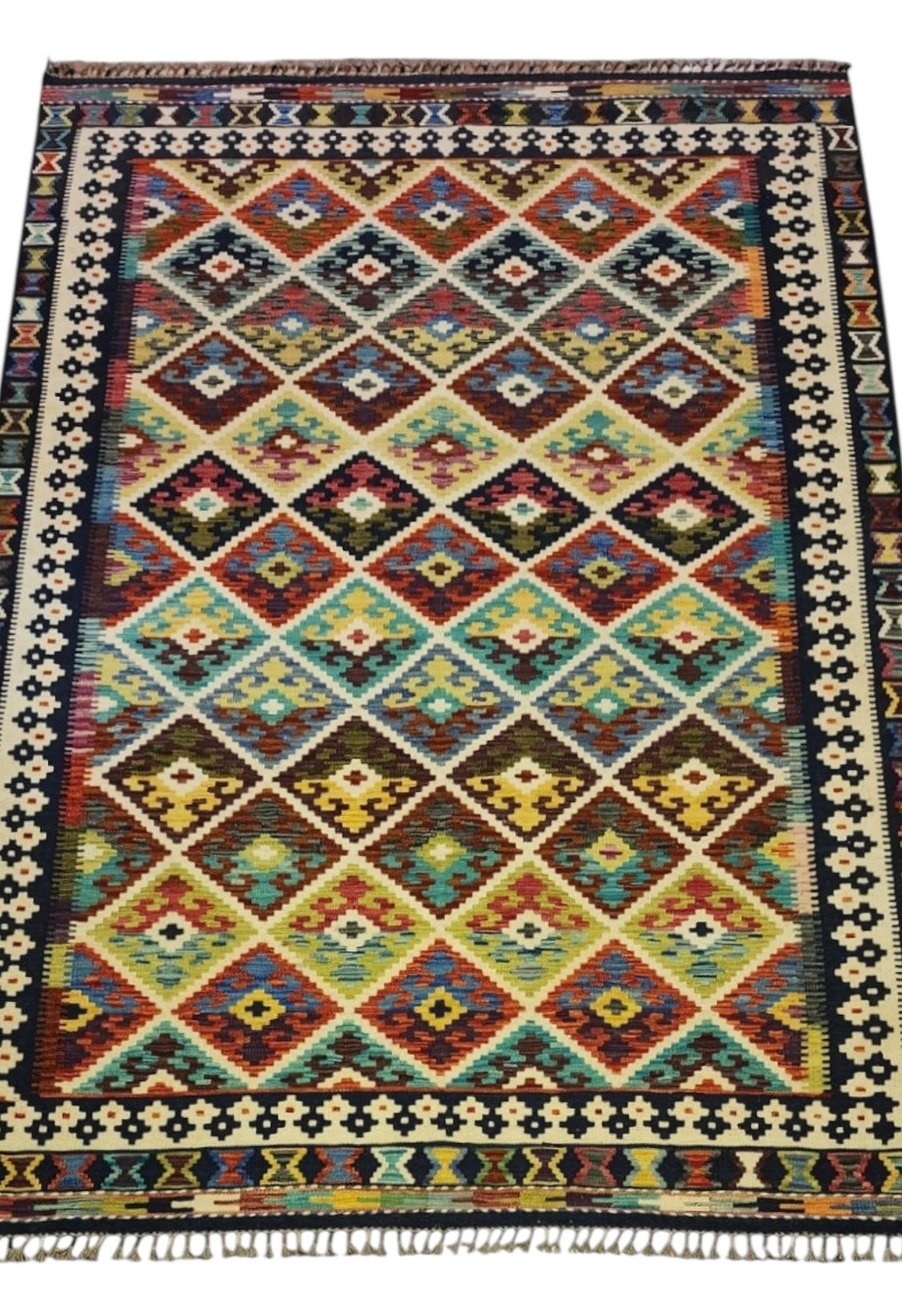 Afghan Kilim Rug 6x8, Ivory, Rust & Navy, Hand-Woven Wool Flatweave, view 2
