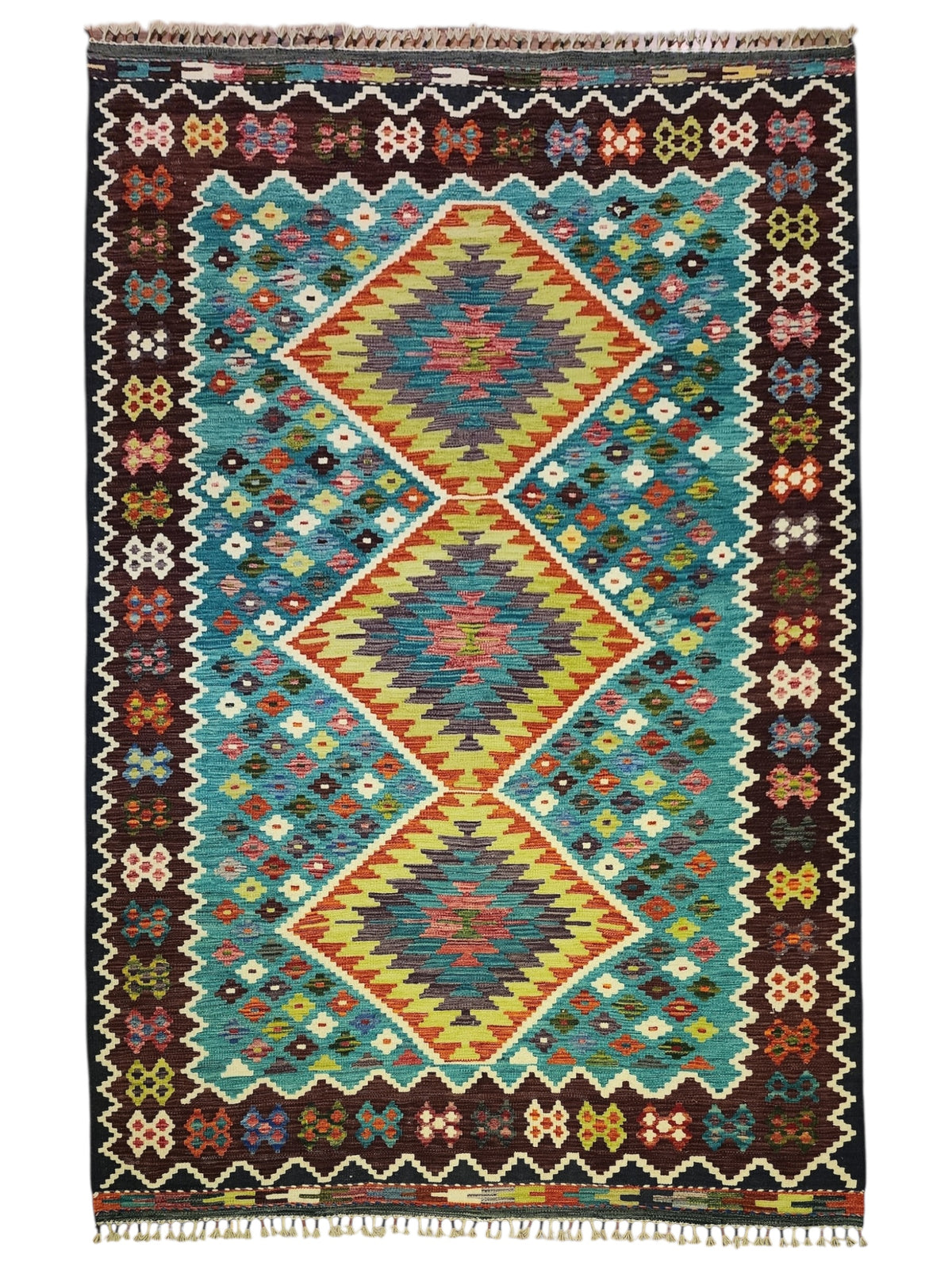 Afghan Kilim Rug 6x8, Teal, Brown & Orange, Diamond Medallion Wool Flatweave