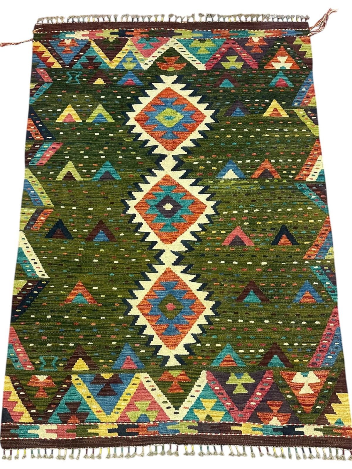 Afghan Kilim Rug 4x6, Olive Green, Ivory & Rust, Hand-Woven Wool Flatweave, view 2