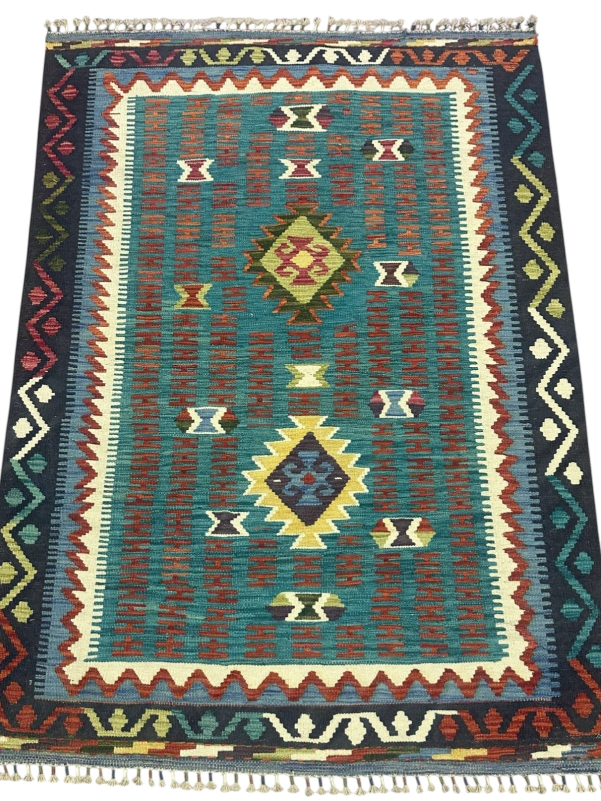 Afghan Kilim Rug 4x6, Teal, Navy & Rust, Hand-Woven Wool Flatweave, view 2
