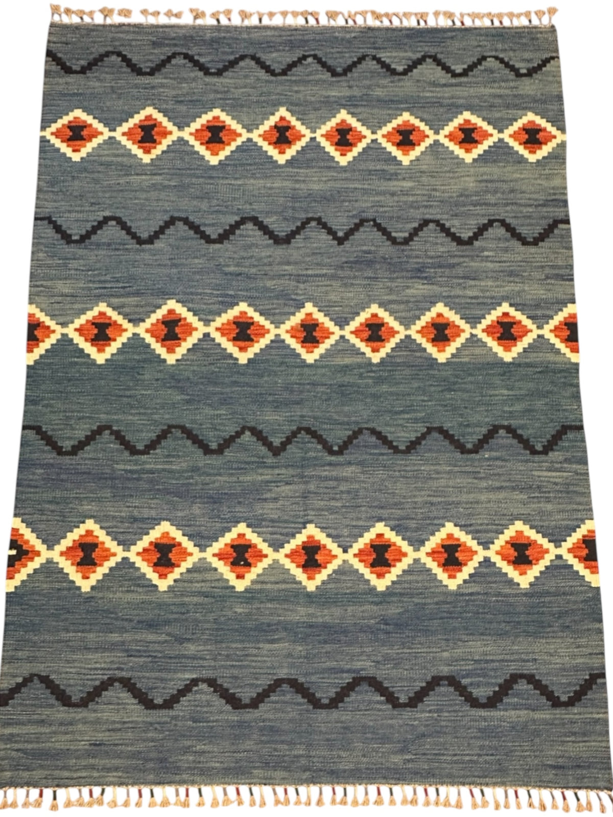 Afghan Kilim Rug 4x6, Blue, Gray & Ivory, Hand-Woven Wool Flatweave, view 2