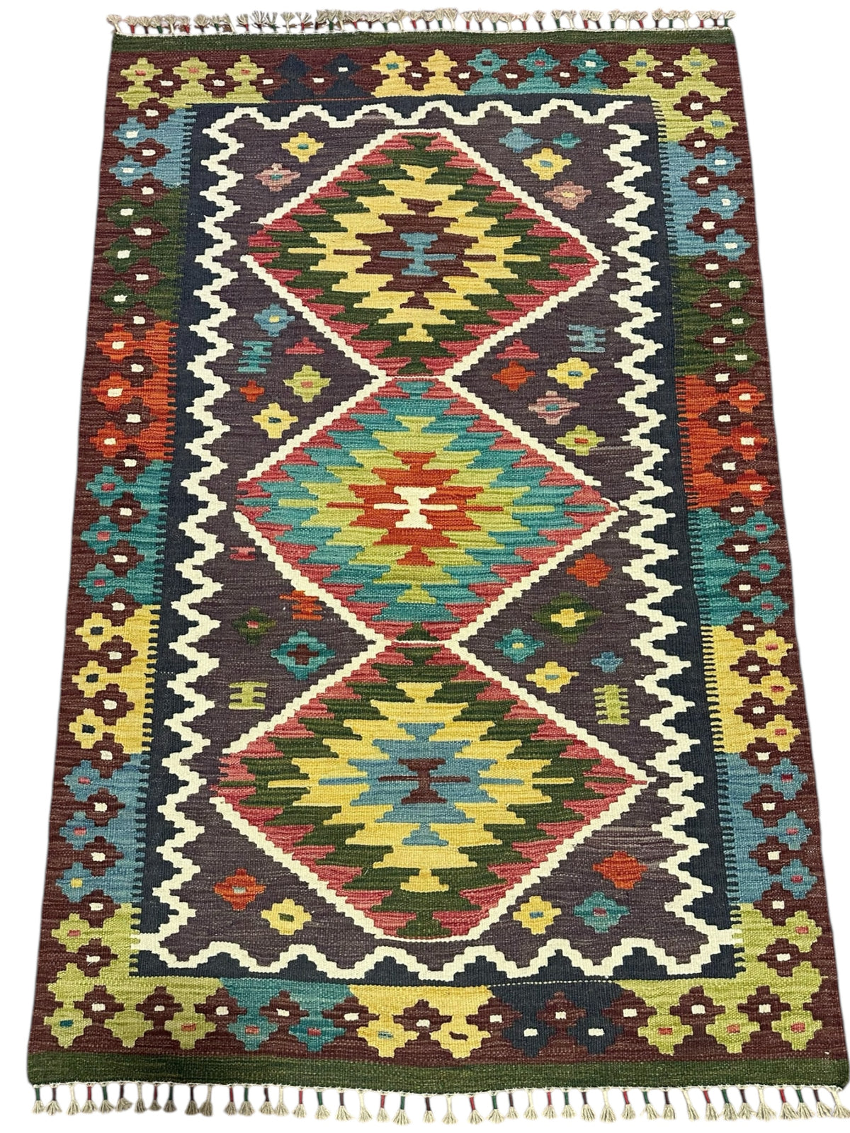 Afghan Kilim Rug 4x6, Brown, Olive Green & Gold, Hand-Woven Wool Flatweave, view 2