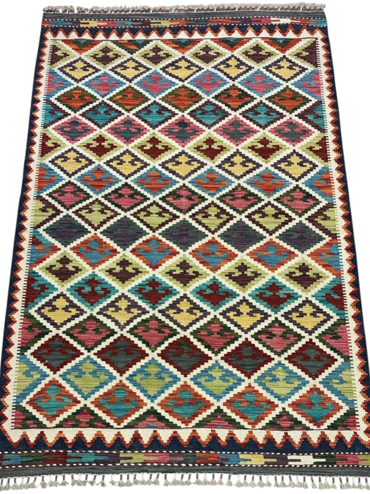Afghan Kilim Rug 4x6, Ivory, Brown & Teal, Hand-Woven Wool Flatweave, view 2