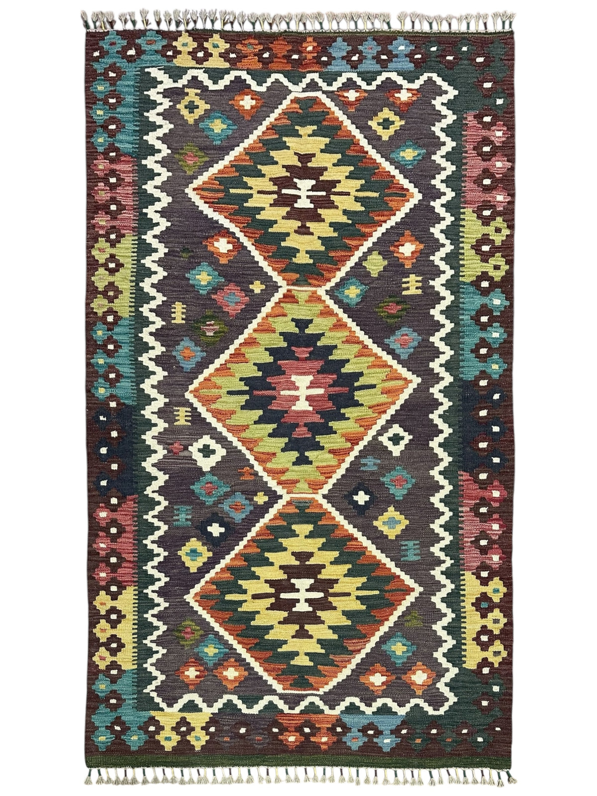 Afghan Kilim Rug 4x6, Brown, Teal & Gold, Hand-Woven Wool Flatweave