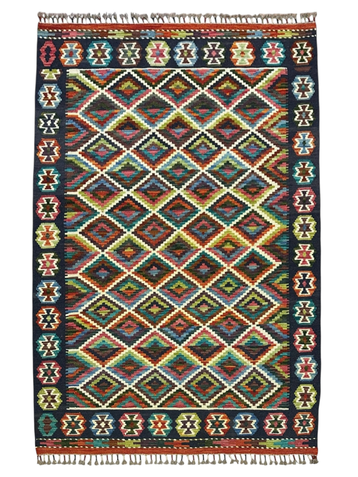 Afghan Kilim Rug 4x6, Navy, Rust & Teal, Diamond Lattice Wool Flatweave