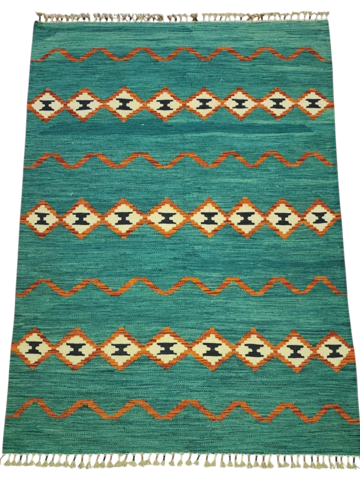 Afghan Kilim Rug 4x6, Teal, Green & Ivory, Hand-Woven Wool Flatweave, view 2
