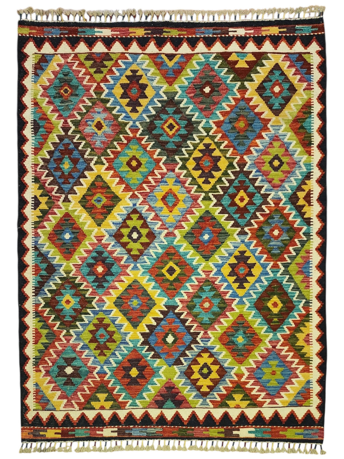 Afghan Kilim Rug 4x5, Navy, Rust & Gold, Hand-Woven Wool Flatweave