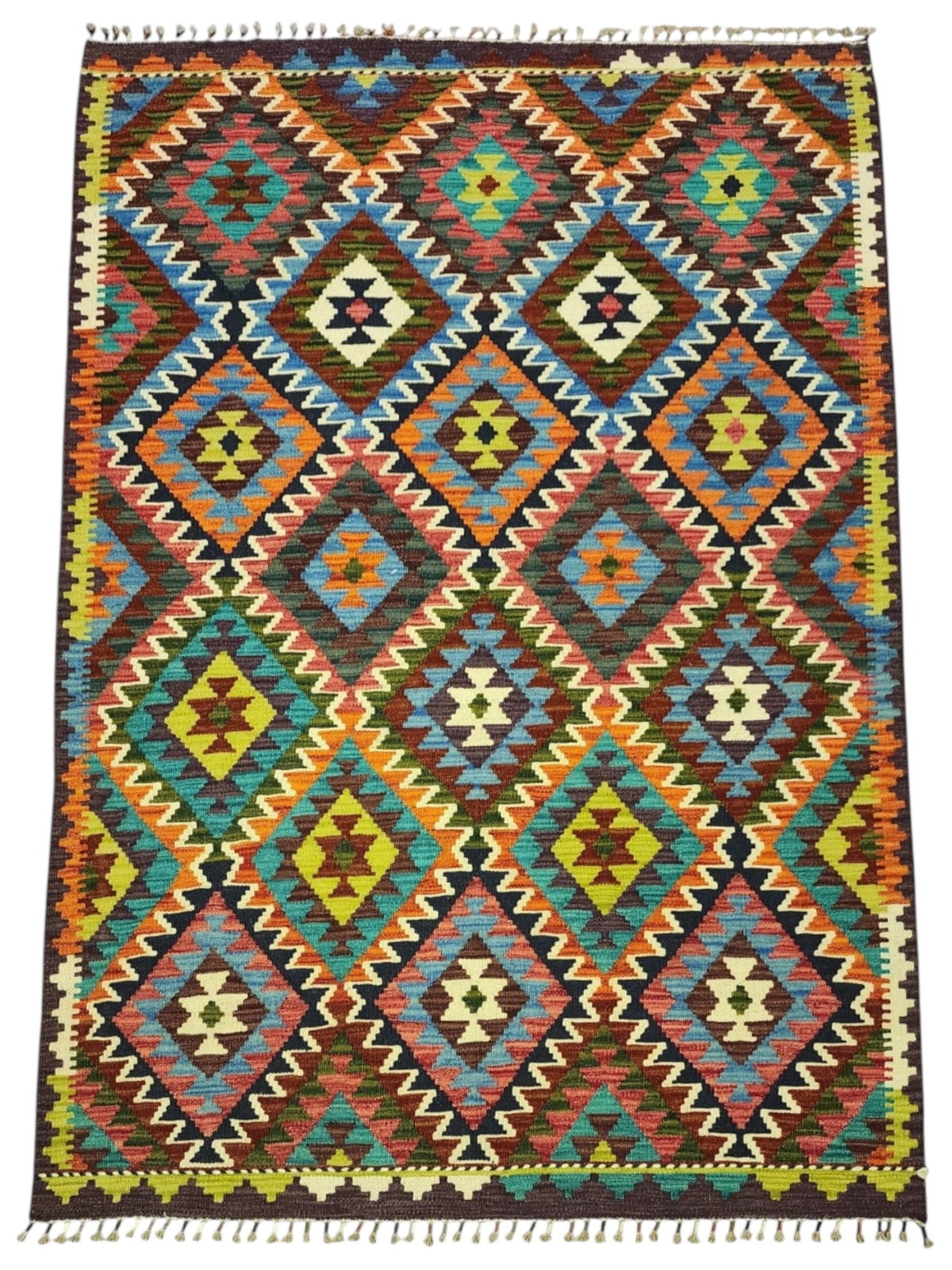 Afghan Kilim Rug 4x6, Brown, Orange & Teal, Hand-Woven Wool Flatweave, view 2