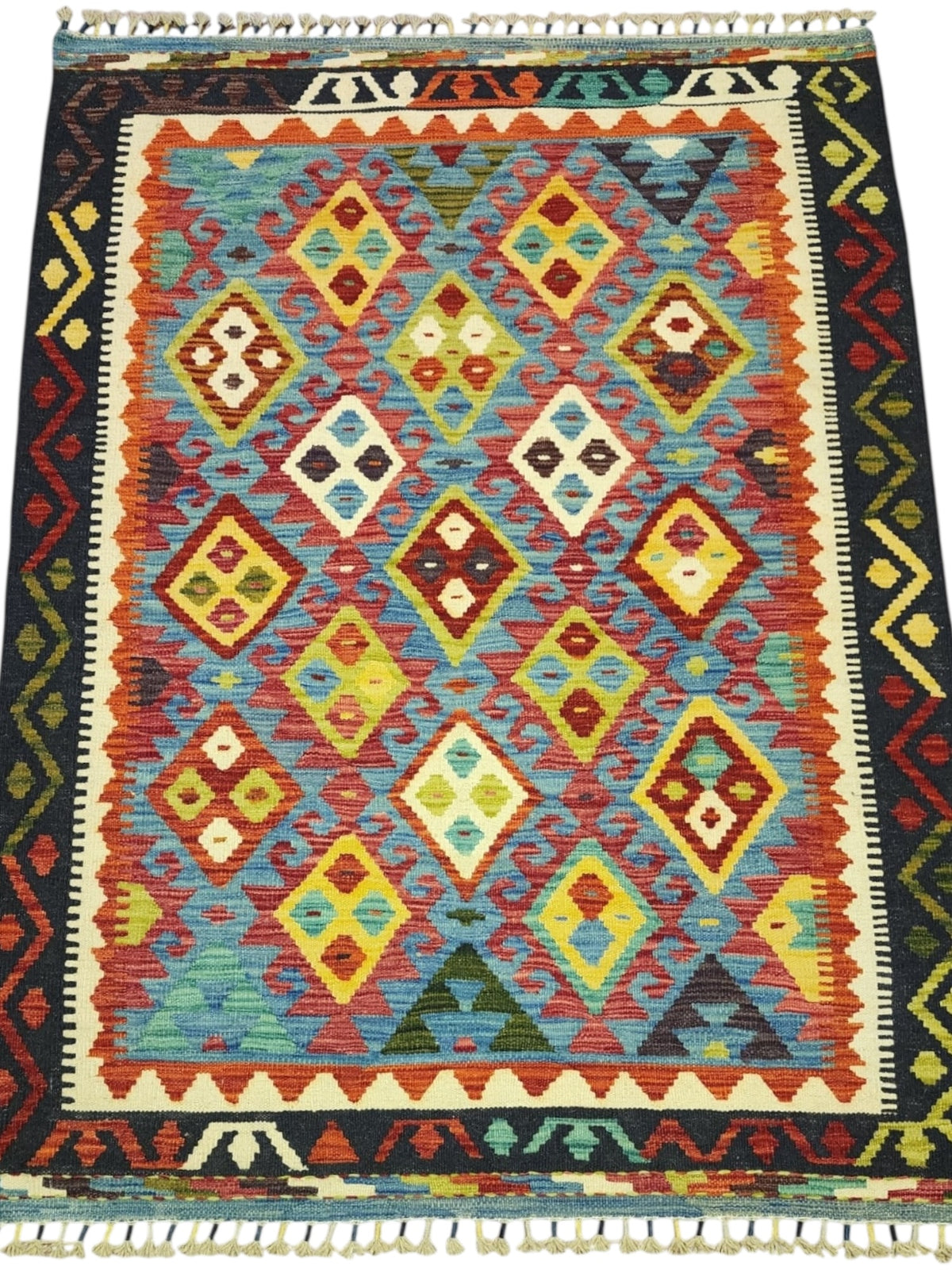 Afghan Kilim Rug 4x6, Rust, Blue & Navy, Hand-Woven Wool Flatweave, view 2