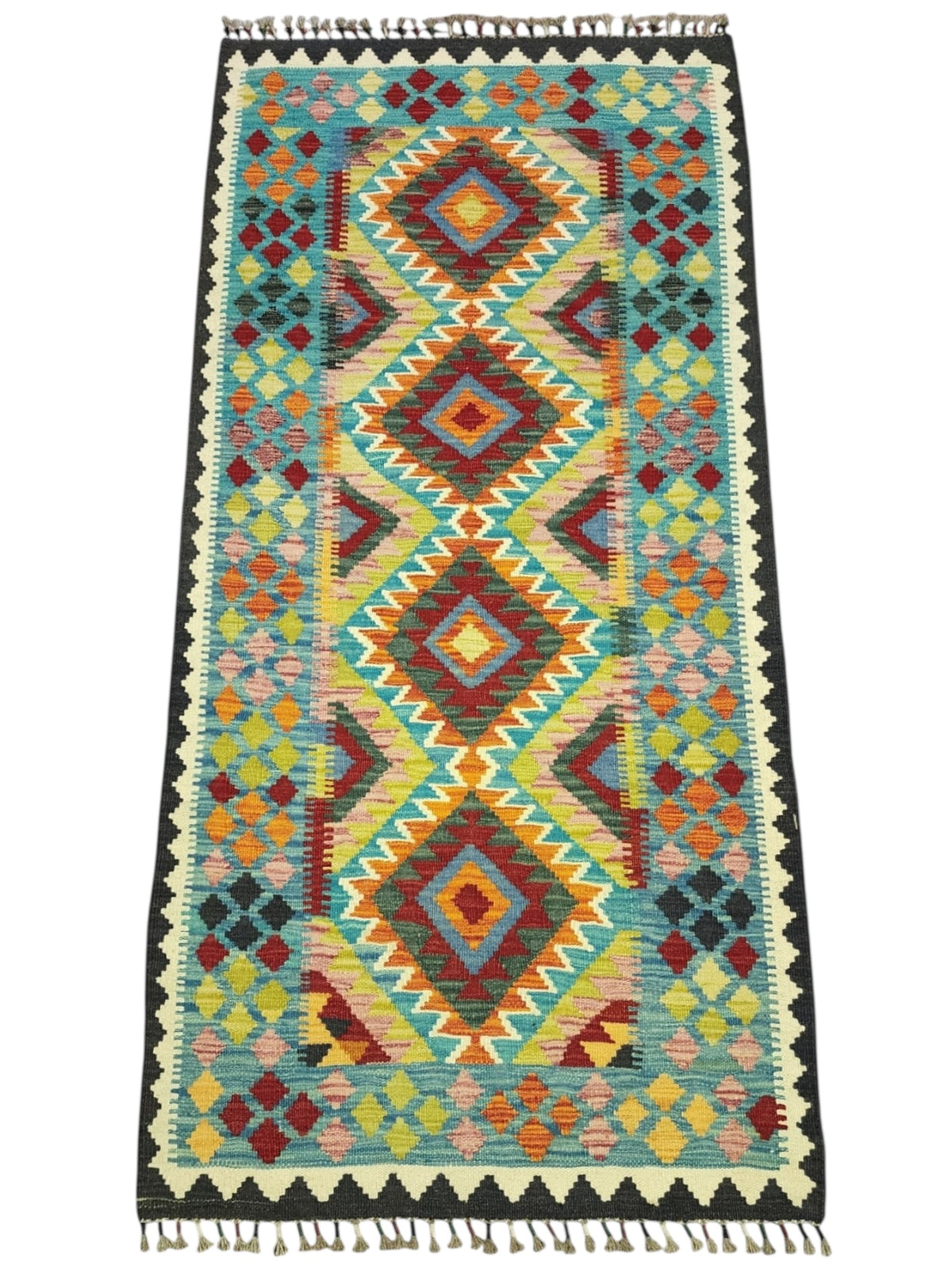 Afghan Kilim Rug 3x7, Teal, Rust & Ivory, Hand-Woven Wool Flatweave, view 2
