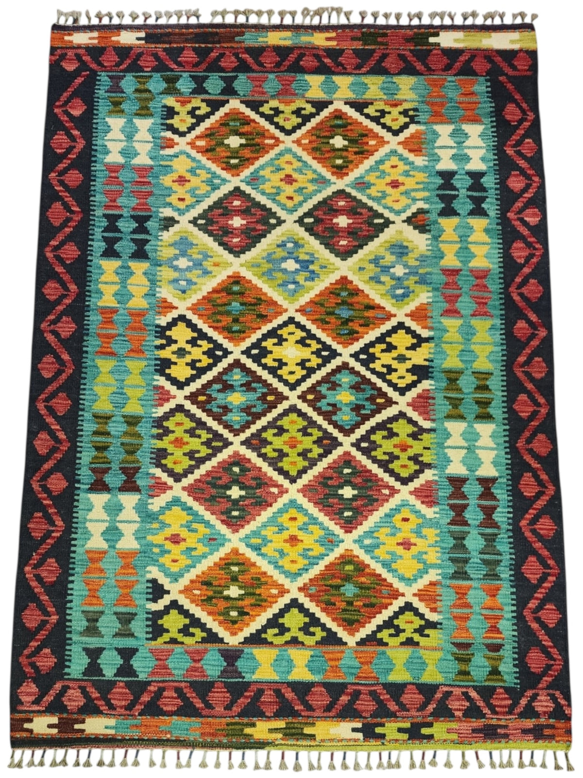 Afghan Kilim Rug 4x6, Navy, Teal & Rust, Diamond Lattice Wool Flatweave, view 2