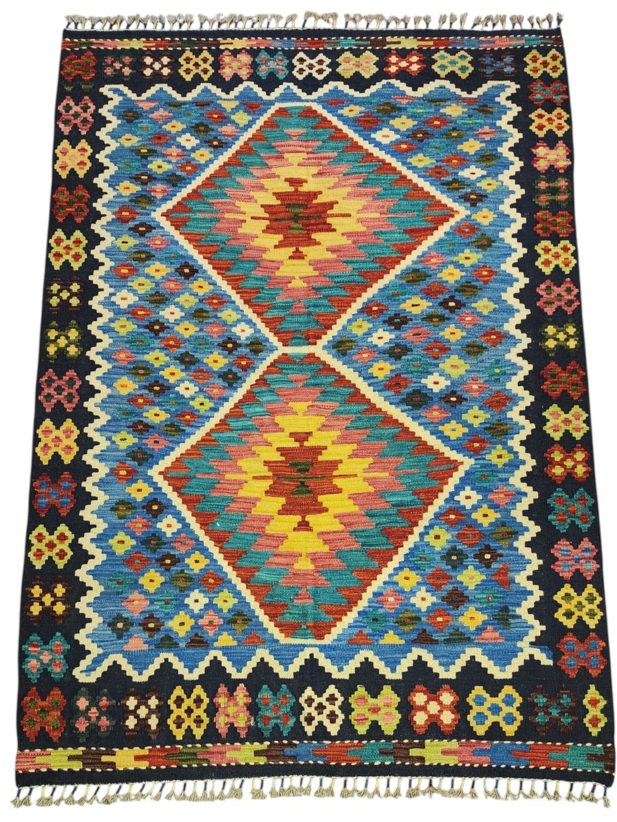 Afghan Kilim Rug 4x6, Blue, Navy & Rust, Hand-Woven Wool Flatweave, view 2