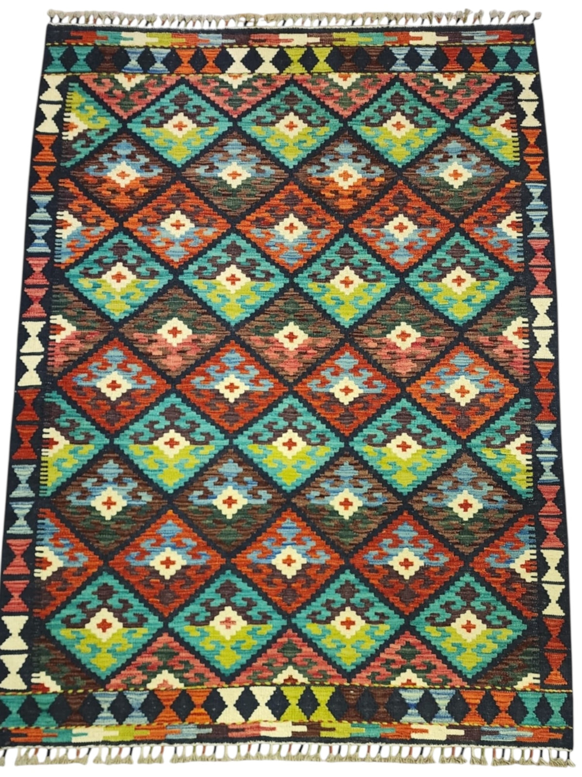 Afghan Kilim Rug 4x6, Navy, Teal & Rust, Hand-Woven Wool Flatweave, view 2