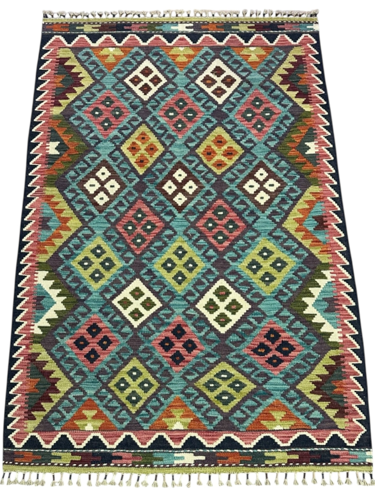 Afghan Kilim Rug 4x6, Teal, Navy & Pink, Hand-Woven Wool Flatweave, view 2
