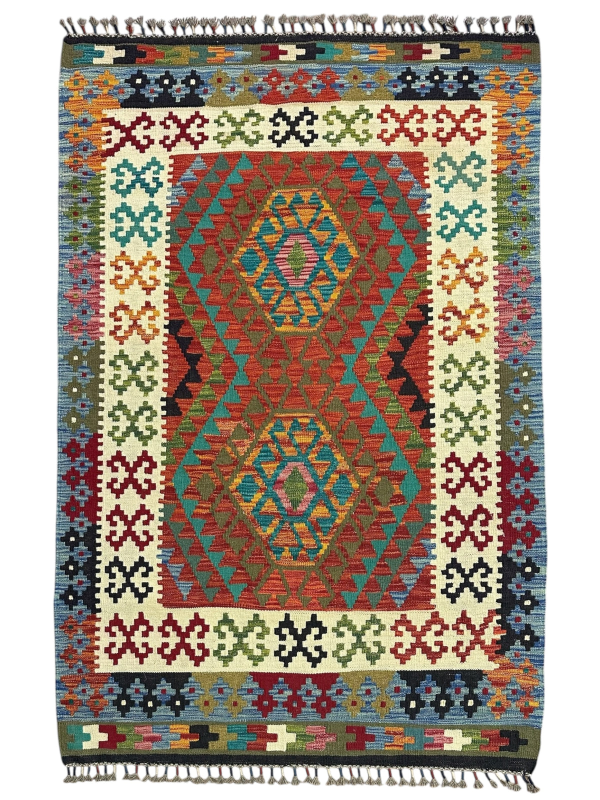 Afghan Kilim Rug 4x6, Rust, Ivory & Teal, Hand-Woven Wool Flatweave