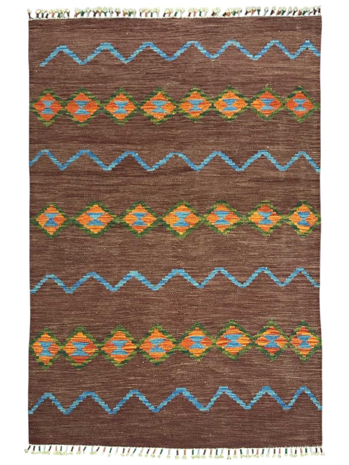 Afghan Kilim Rug 4x6, Brown, Blue & Orange, Hand-Woven Wool Flatweave