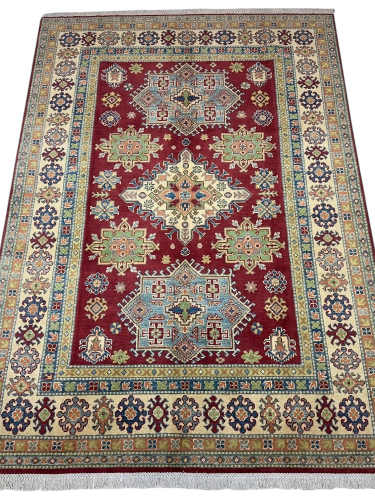 Afghan Kazak Rug 5'7" x 7'11", Hand-Knotted Wool, Cream, Green & Red, view 2