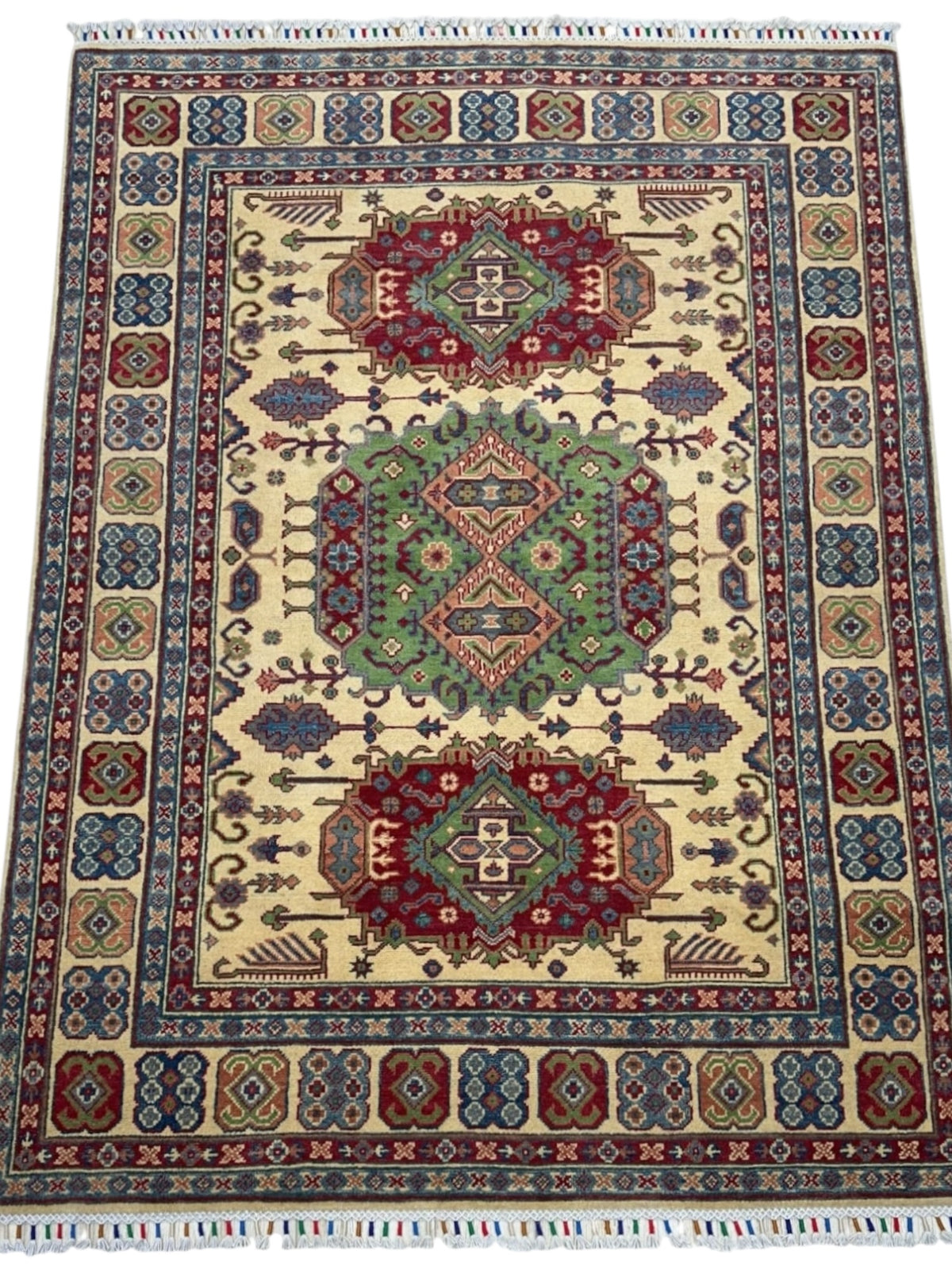 Afghan Kazak Rug 4'11" x 6'7", Hand-Knotted Wool, Cream & Green, view 2