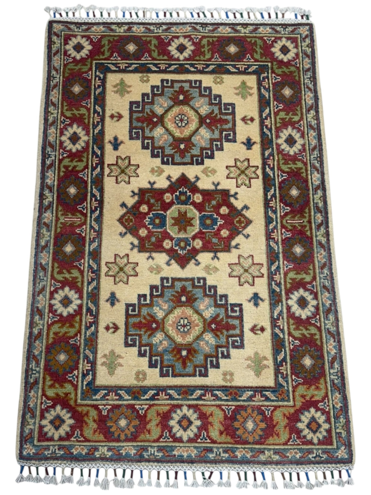 Afghan Kazak Rug 2'8" x 4'2", Hand-Knotted Wool, Cream & Red, view 2