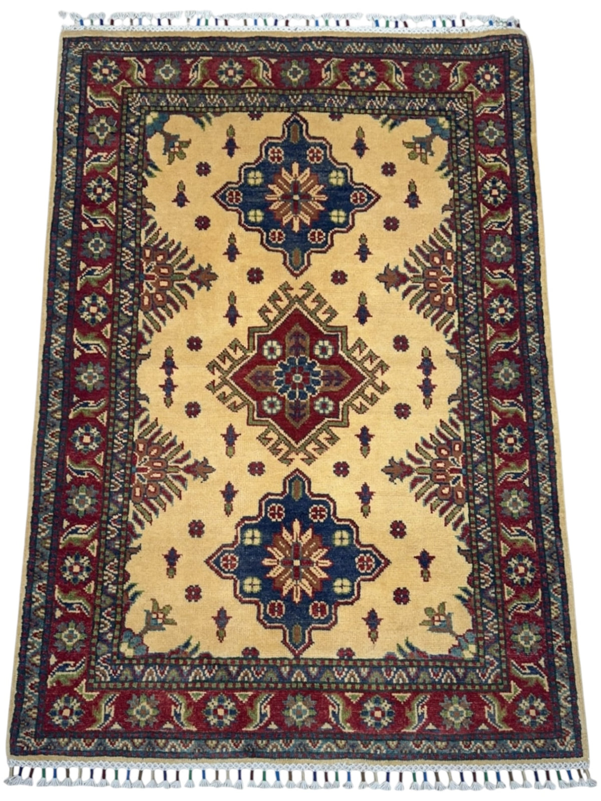 Afghan Kazak Rug 3'3" x 4'9", Hand-Knotted Wool, Blue, Cream & Red, view 2