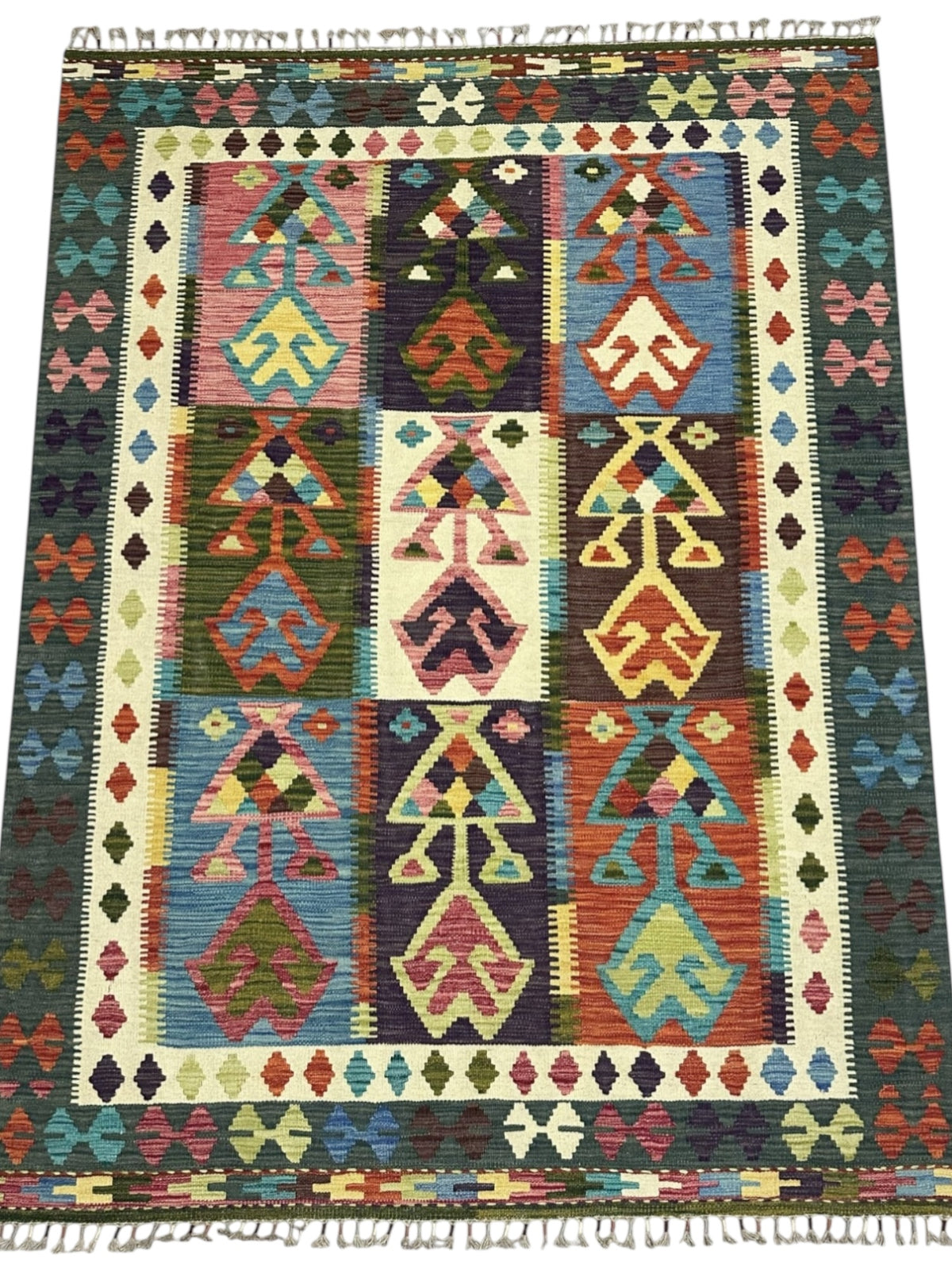Afghan Kilim Rug 5x7, Green, Ivory & Rust, Tribal Geometric Wool Flatweave, view 2