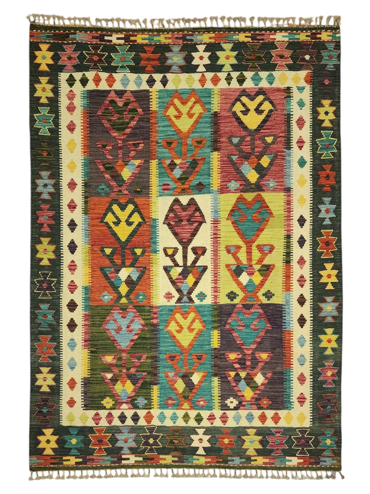 Afghan Kilim Rug 5x7, Green, Ivory & Rust, Hand-Woven Wool Flatweave