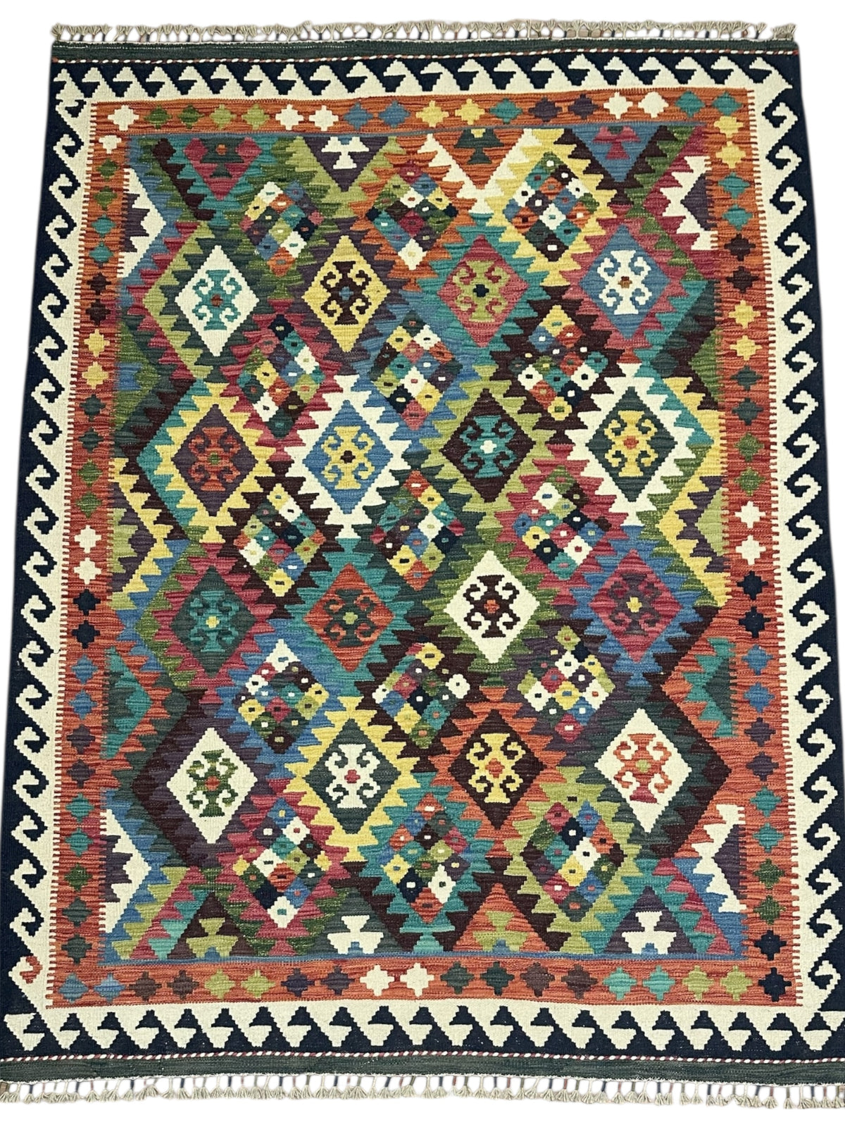 Afghan Kilim Rug 5x7, Rust, Teal & Navy, Diamond Lattice Wool Flatweave, view 2